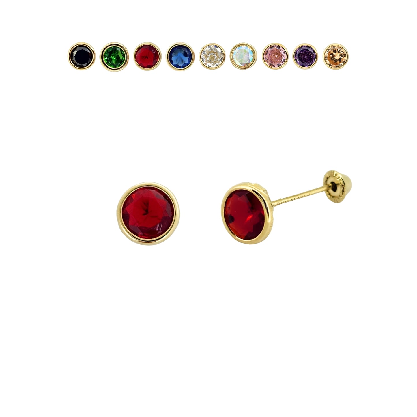 Aretes Oro 10K Broquel Zirconia Bisel 5 mm de Color a Elegir