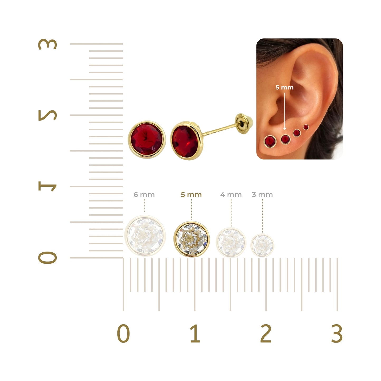 Aretes Oro 10K Broquel Zirconia Bisel 5 mm de Color a Elegir