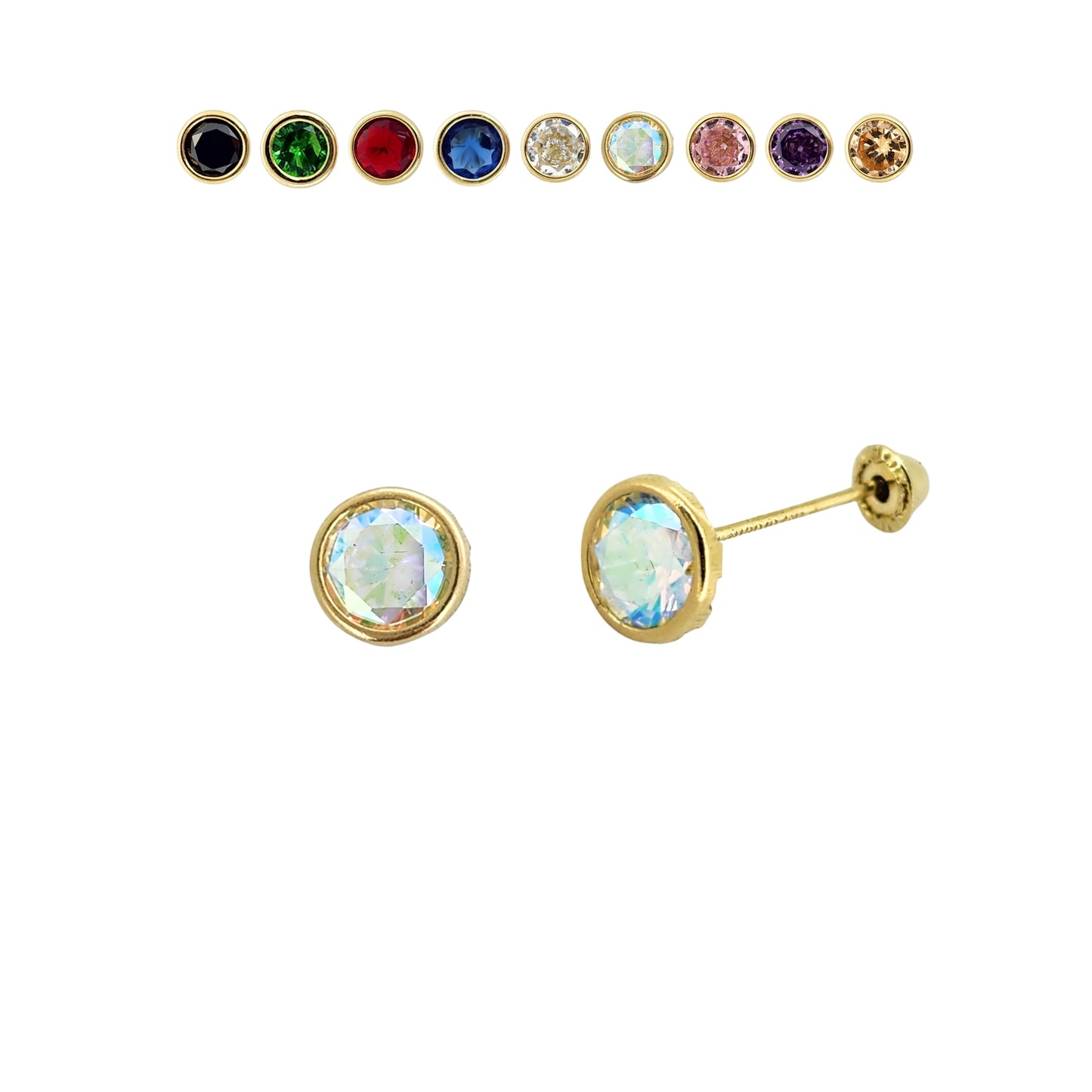 Aretes Oro 10K Broquel Zirconia Bisel 5 mm de Color a Elegir