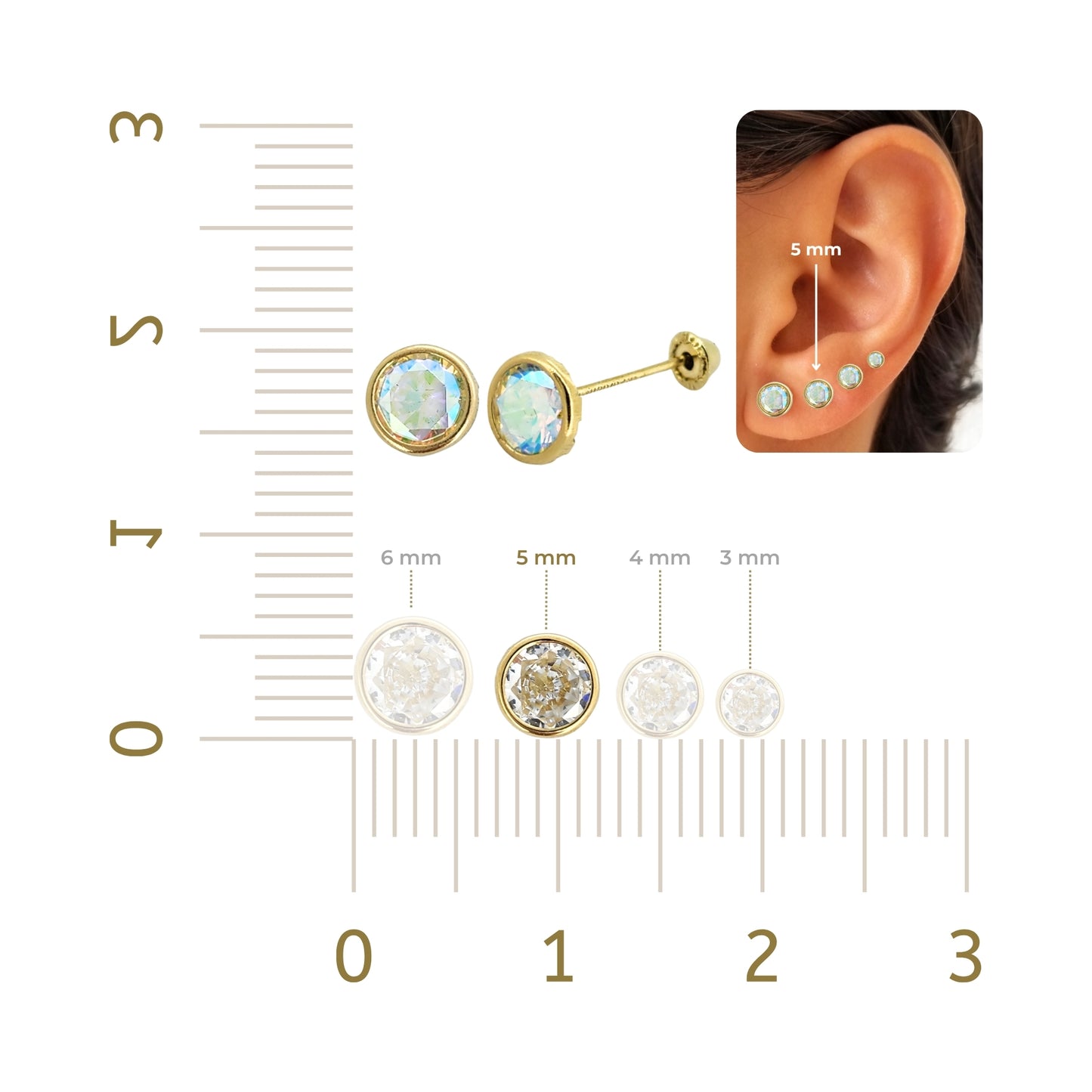 Aretes Oro 10K Broquel Zirconia Bisel 5 mm de Color a Elegir