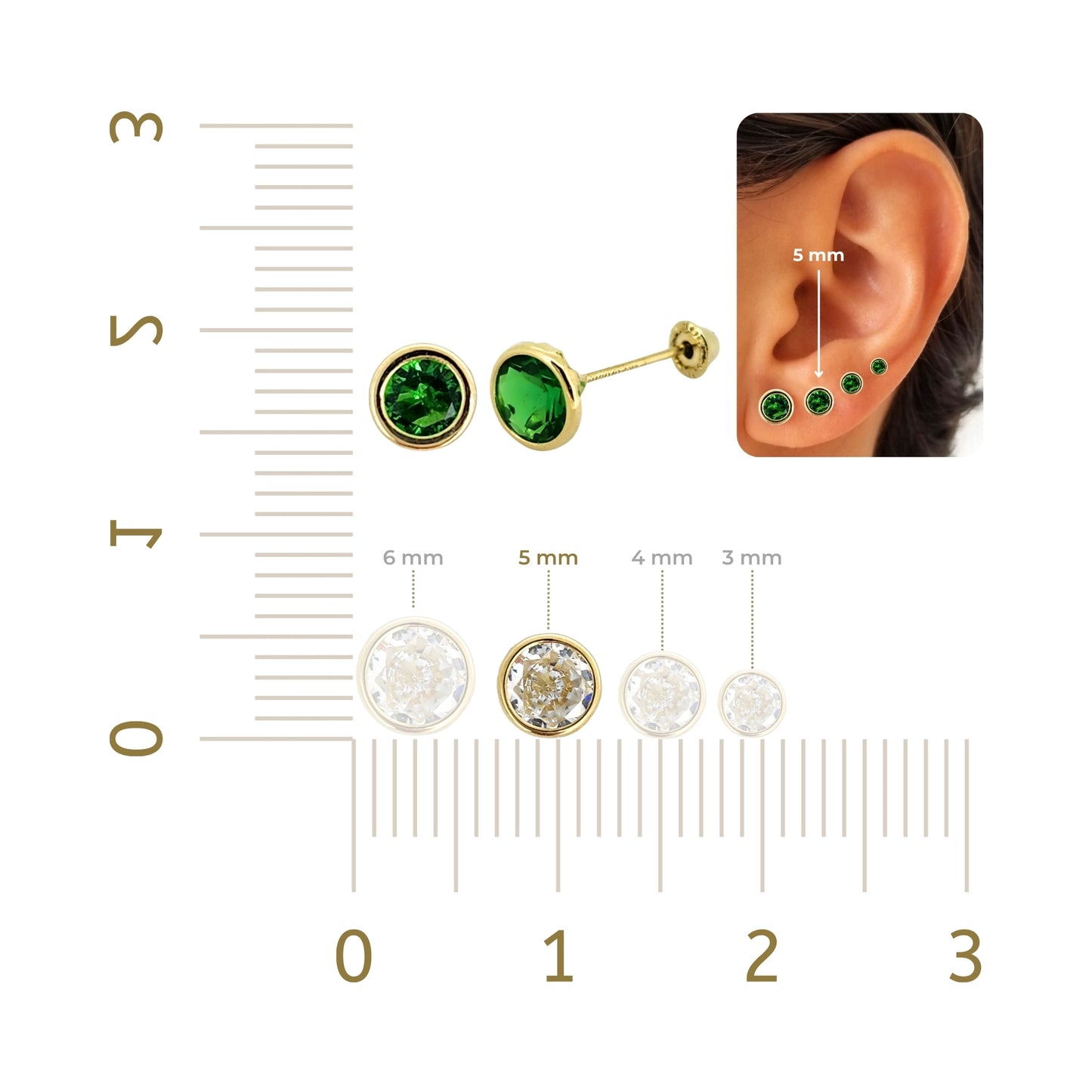 Aretes Oro 10K Broquel Zirconia Bisel 5 mm de Color a Elegir