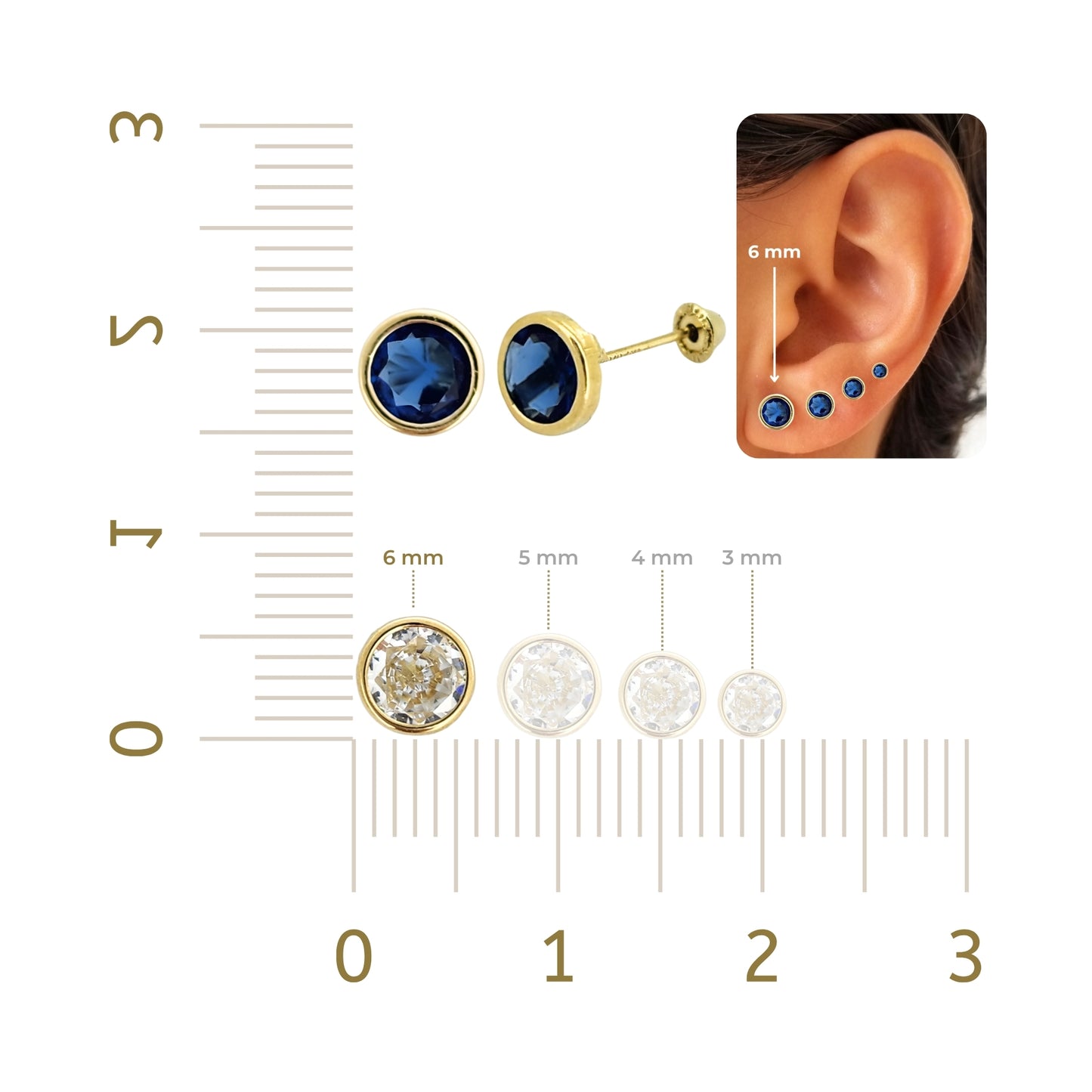Aretes Oro 10K Broquel Zirconia Bisel 6 mm de Color a Elegir
