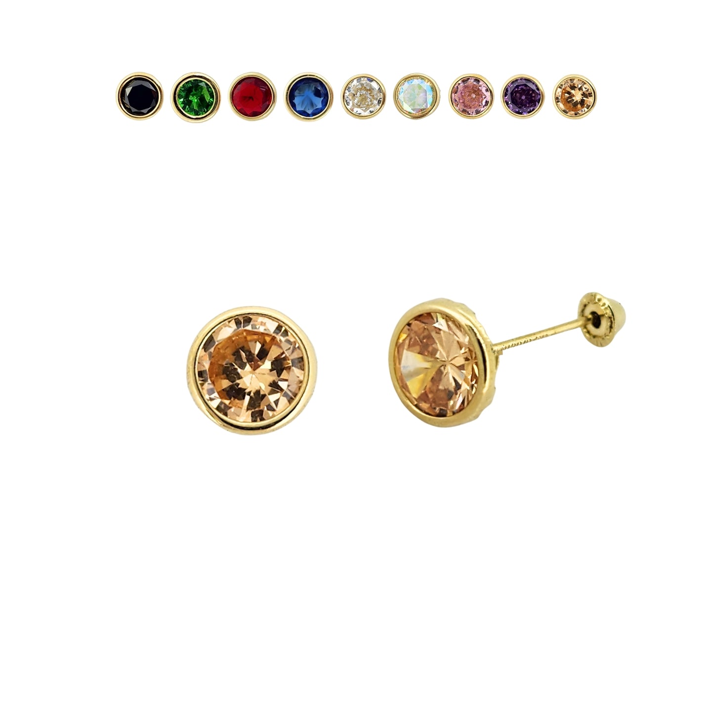 Aretes Oro 10K Broquel Zirconia Bisel 6 mm de Color a Elegir
