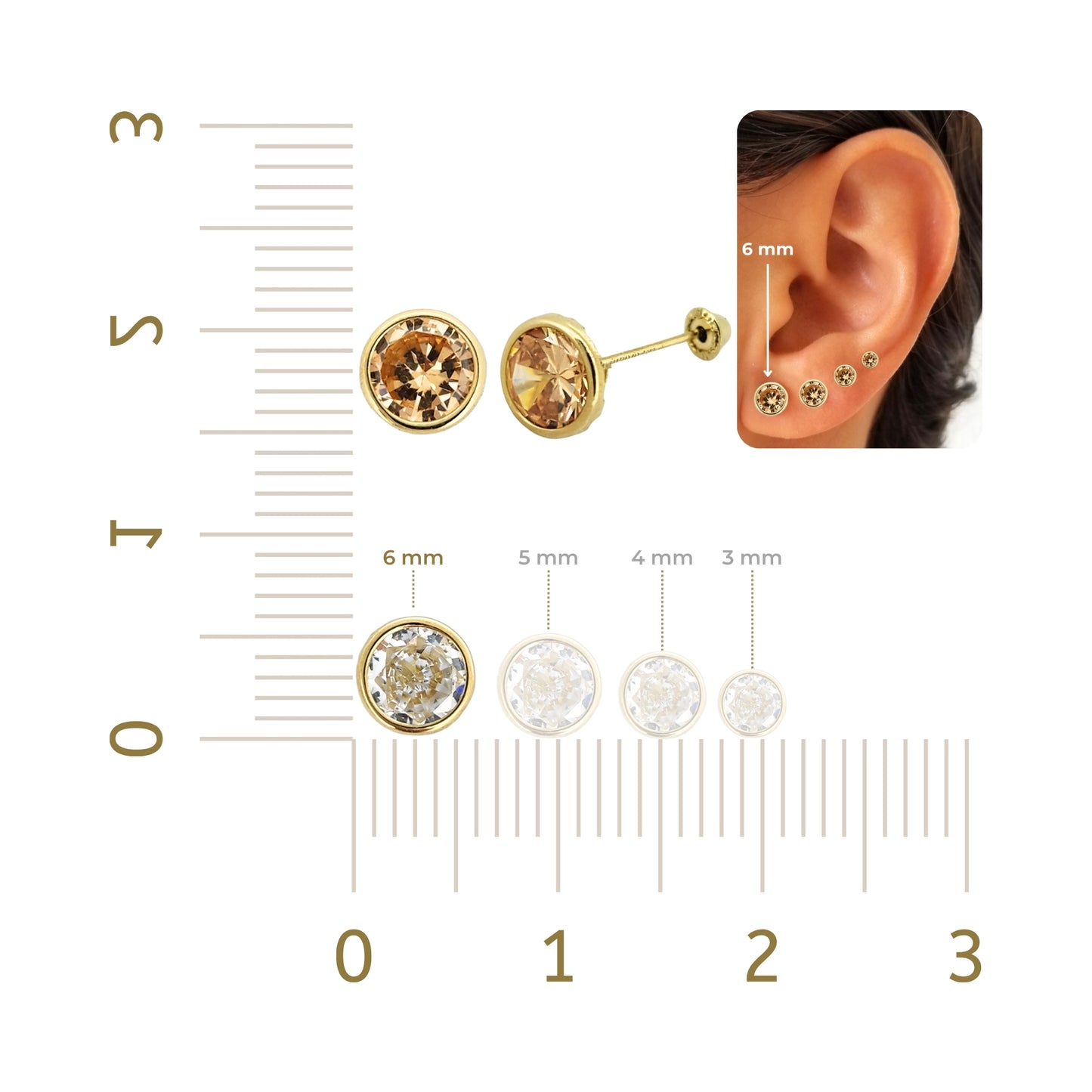 Aretes Oro 10K Broquel Zirconia Bisel 6 mm de Color a Elegir