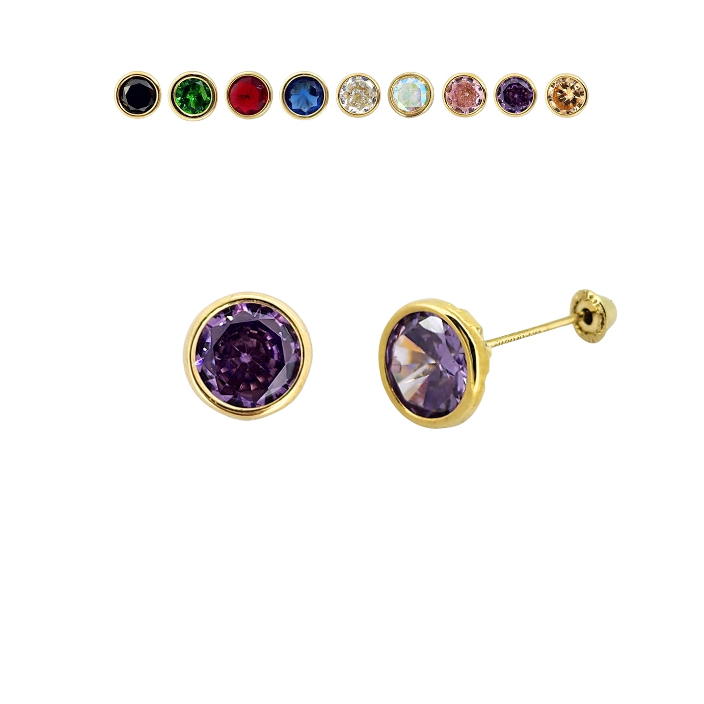 Aretes Oro 10K Broquel Zirconia Bisel 6 mm de Color a Elegir