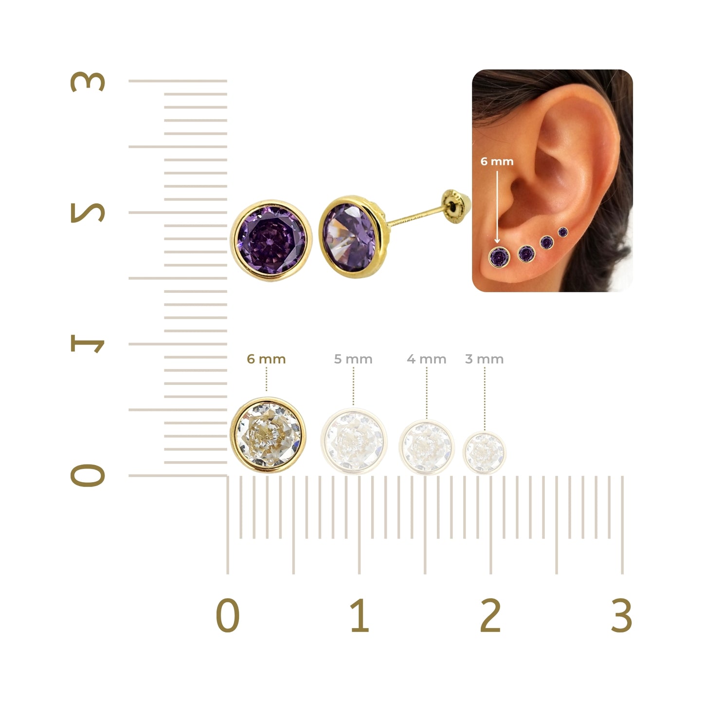 Aretes Oro 10K Broquel Zirconia Bisel 6 mm de Color a Elegir