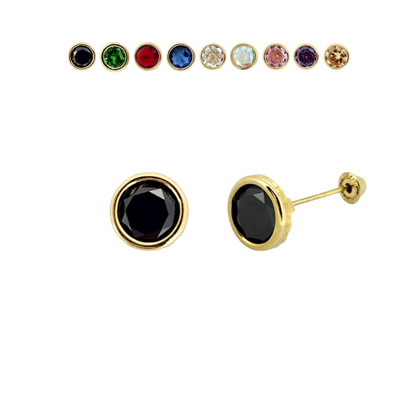Aretes Oro 10K Broquel Zirconia Bisel 6 mm de Color a Elegir