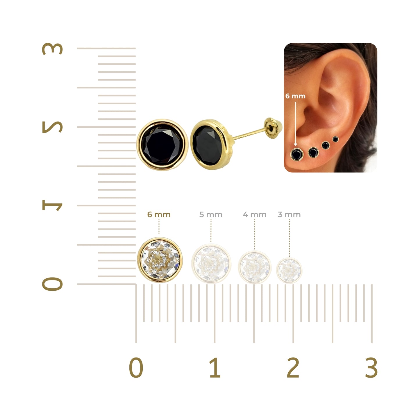 Aretes Oro 10K Broquel Zirconia Bisel 6 mm de Color a Elegir