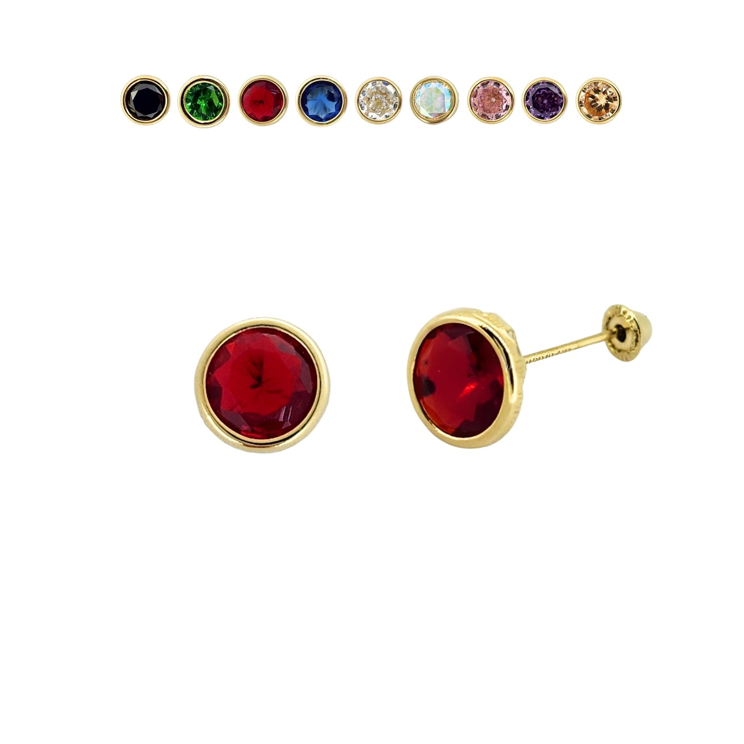 Aretes Oro 10K Broquel Zirconia Bisel 6 mm de Color a Elegir