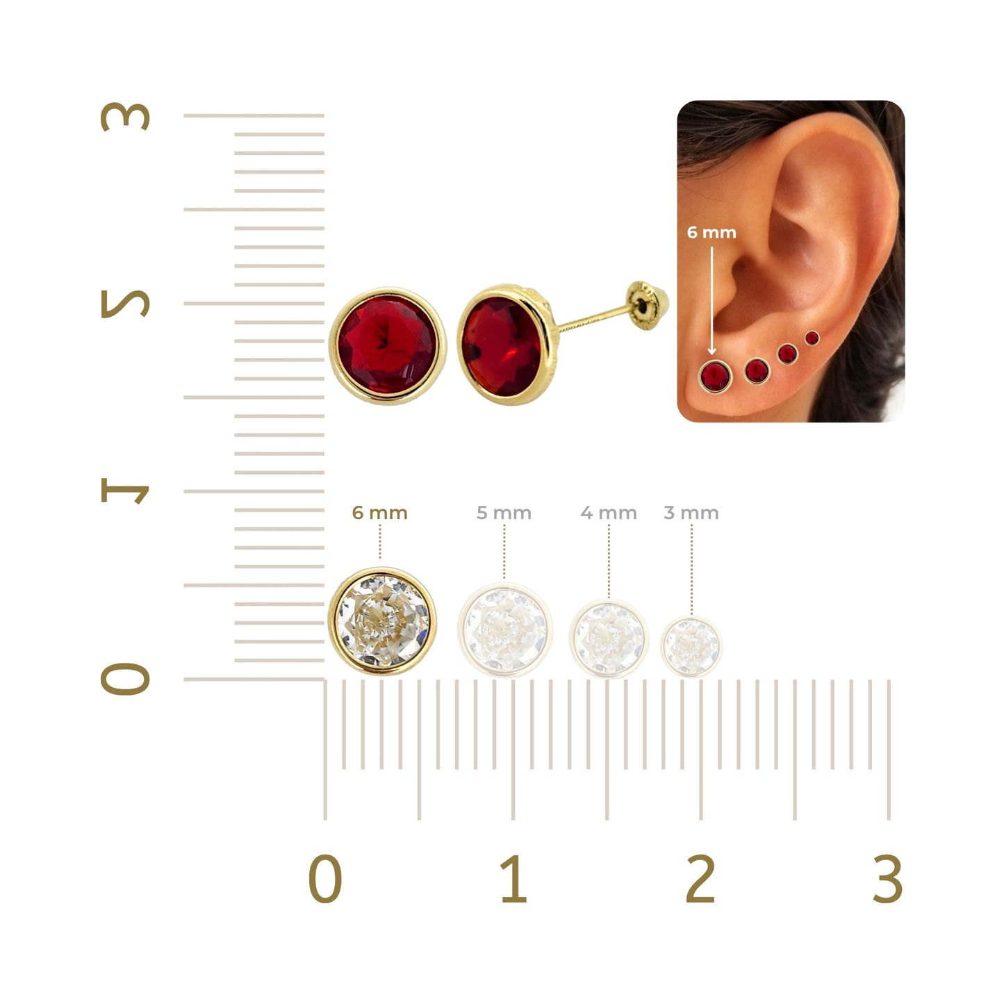 Aretes Oro 10K Broquel Zirconia Bisel 6 mm de Color a Elegir