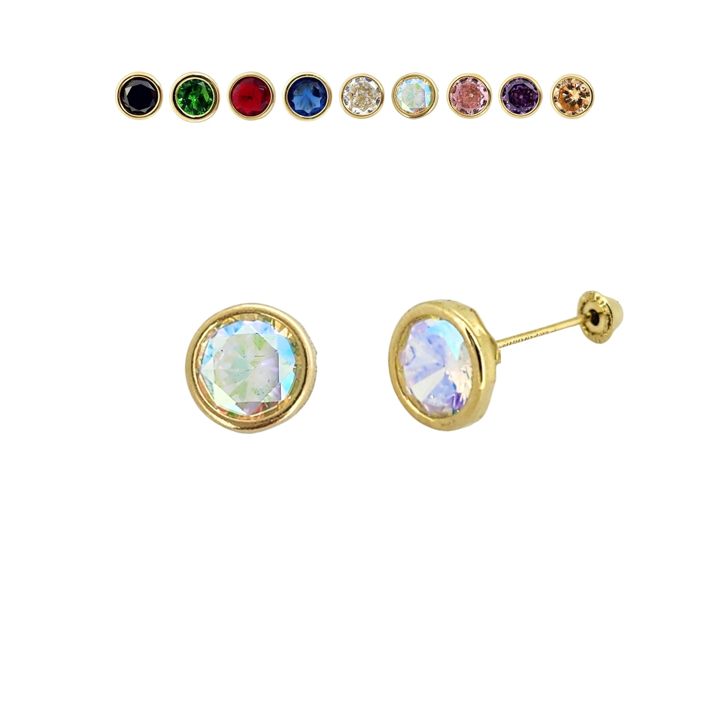 Aretes Oro 10K Broquel Zirconia Bisel 6 mm de Color a Elegir