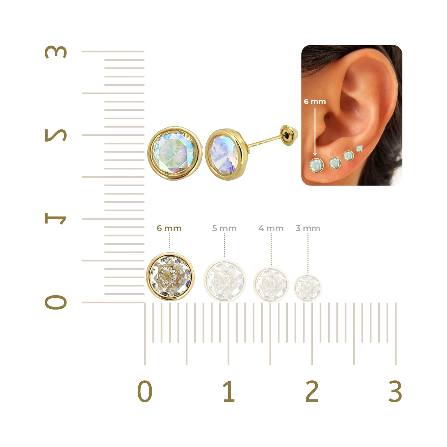 Aretes Oro 10K Broquel Zirconia Bisel 6 mm de Color a Elegir