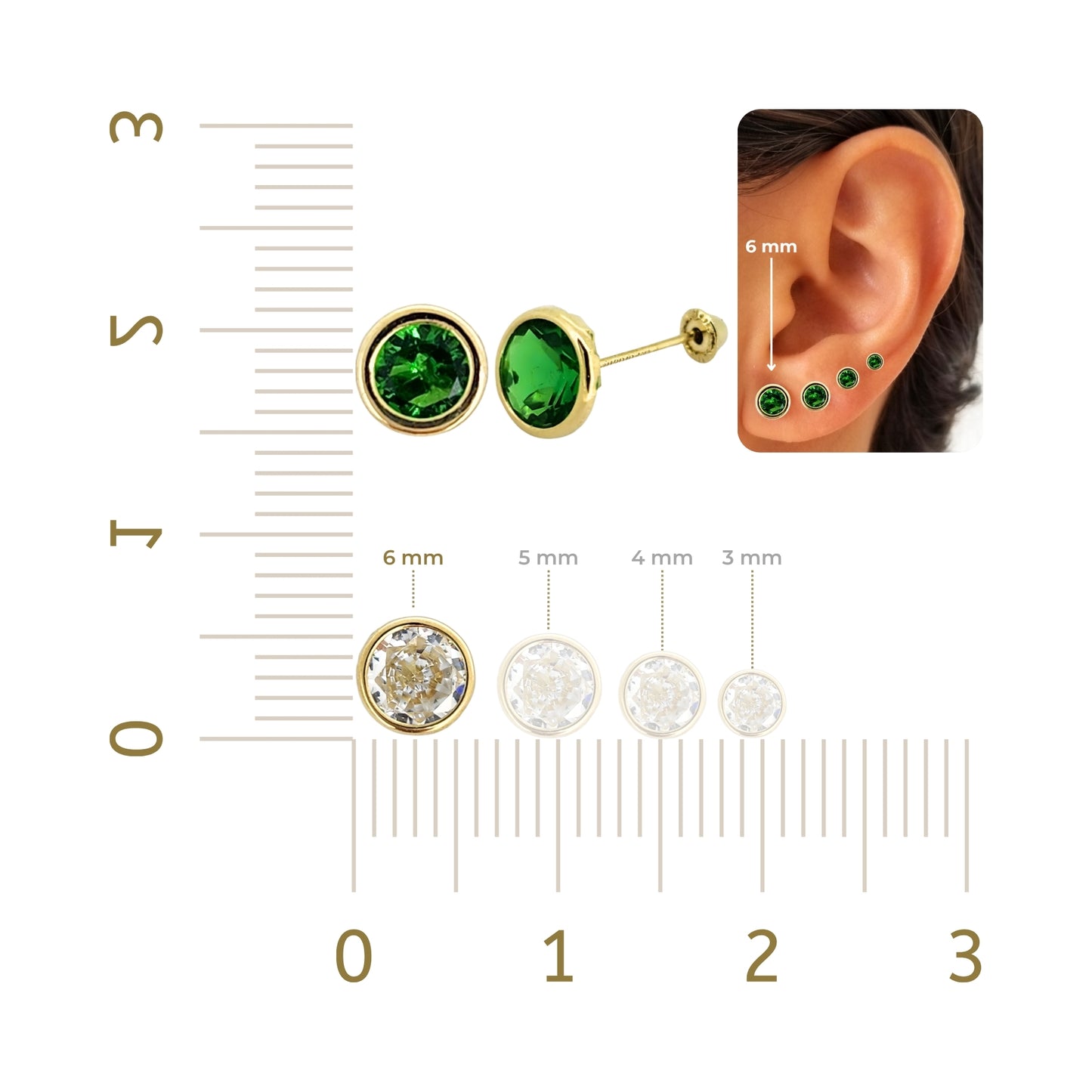 Aretes Oro 10K Broquel Zirconia Bisel 6 mm de Color a Elegir