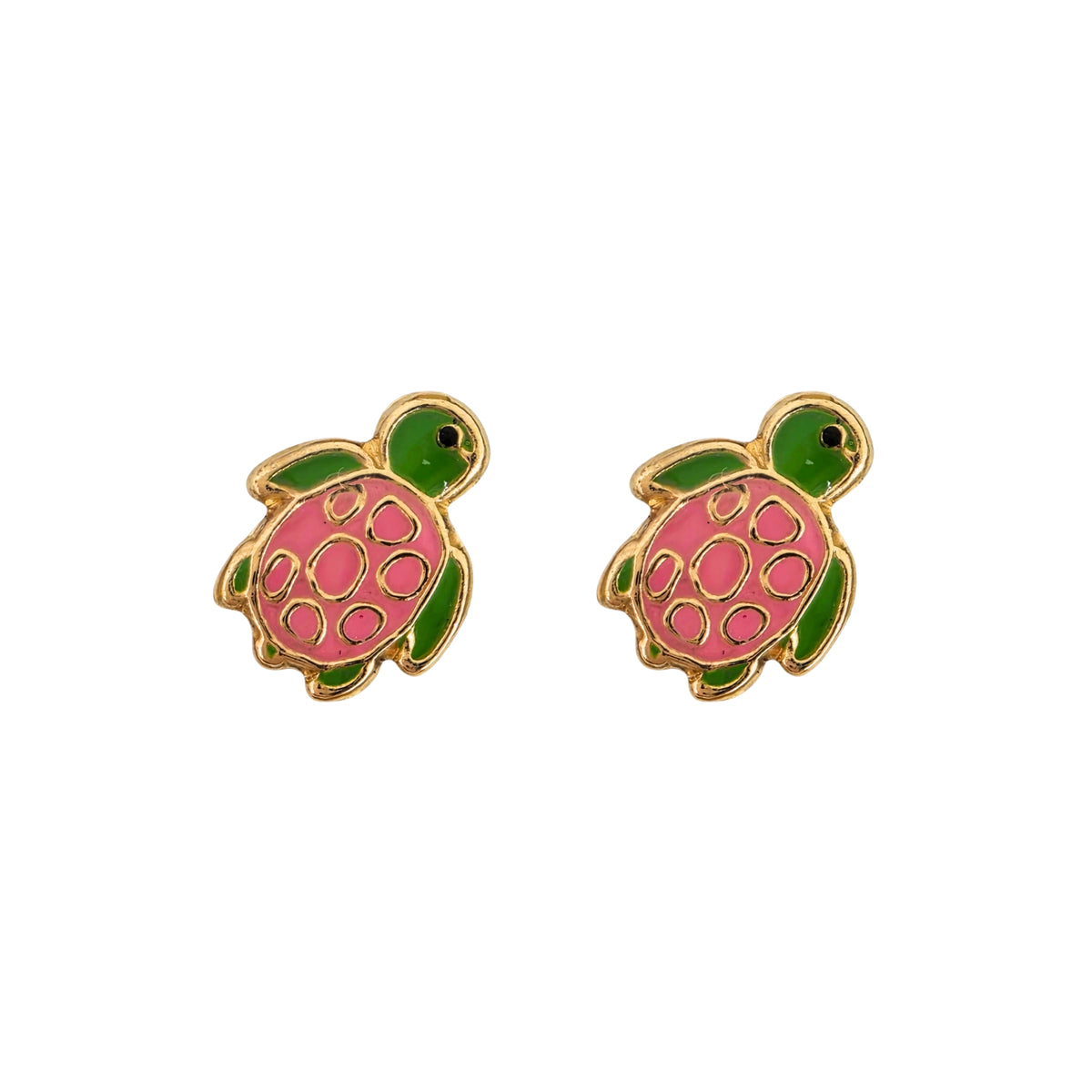 Aretes Oro 10K Broquel Tortuga Esmaltada Rosa