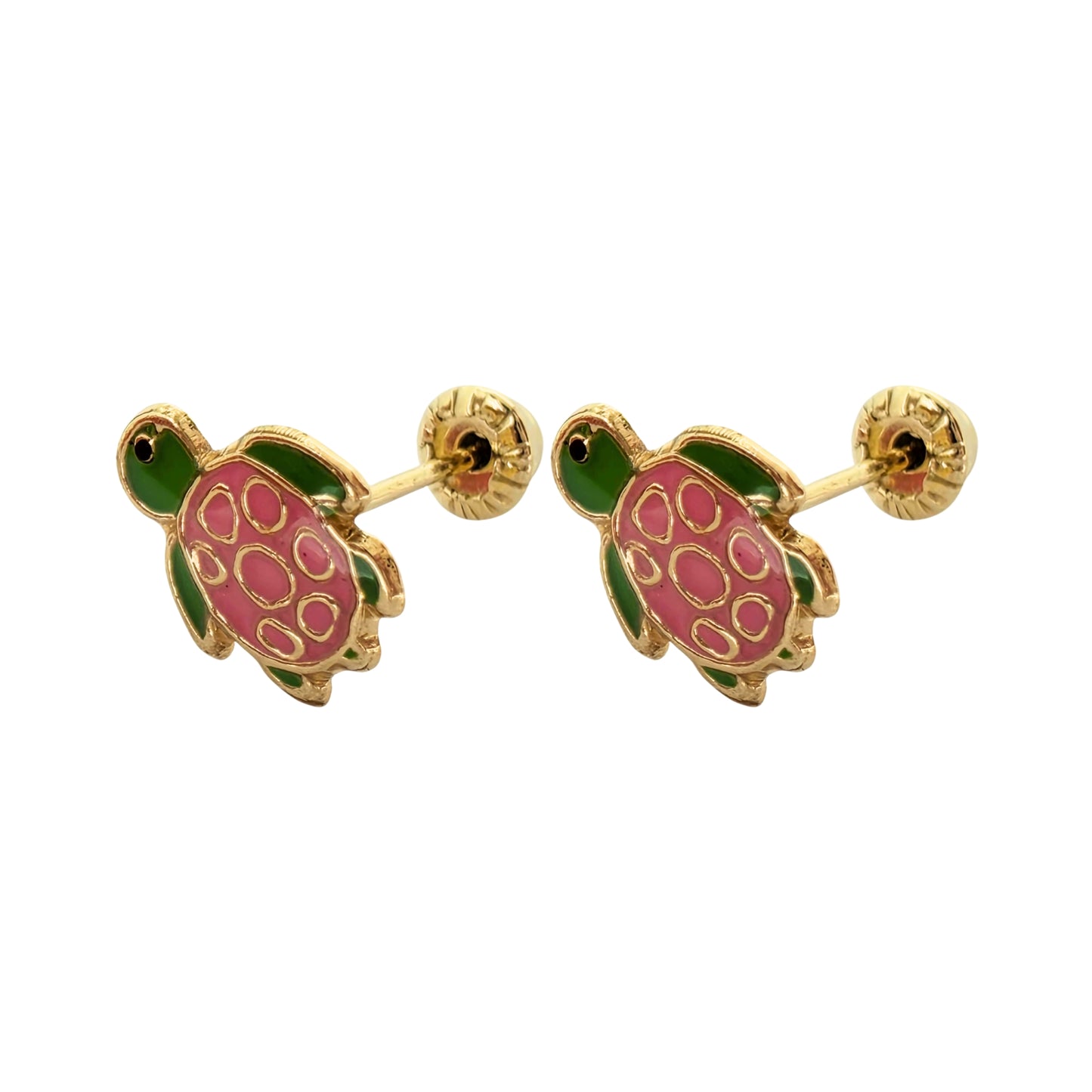 Aretes Oro 10K Broquel Tortuga Esmaltada Rosa