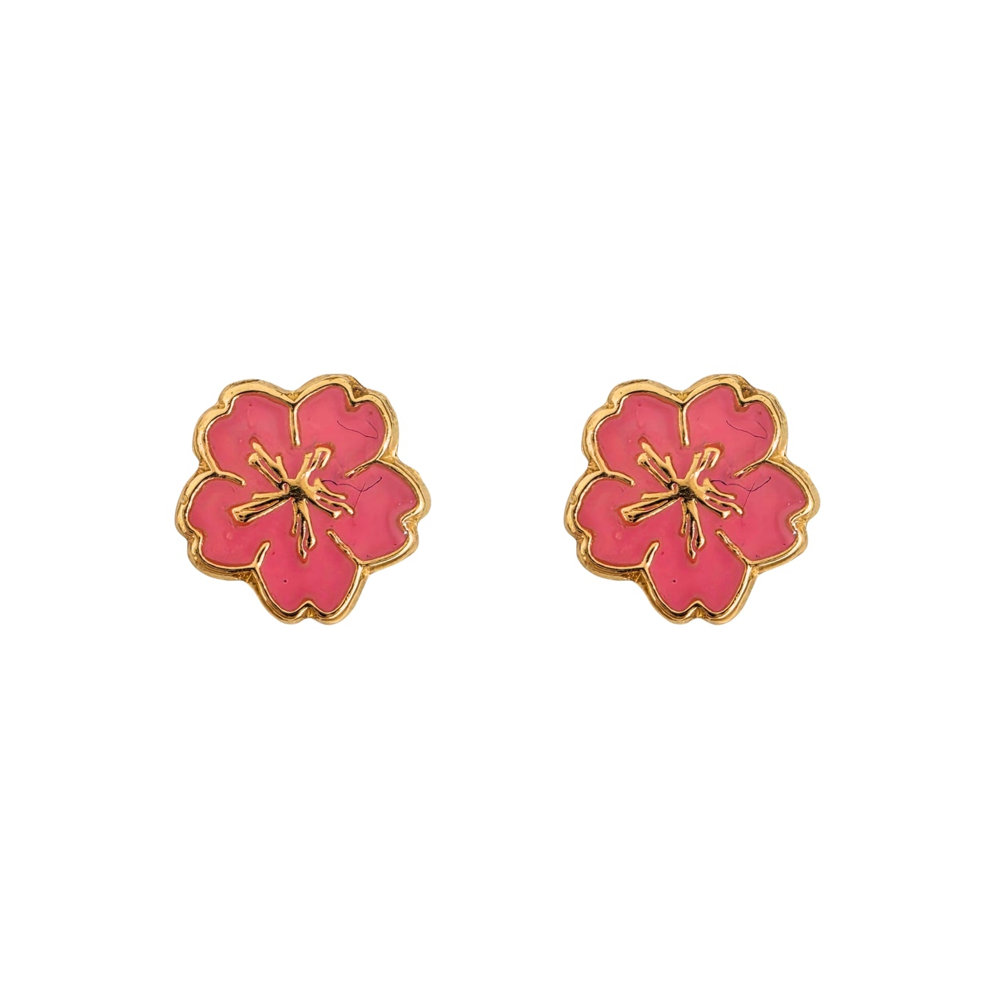 Aretes Oro 10K Broquel Flor Cerezo Esmaltada