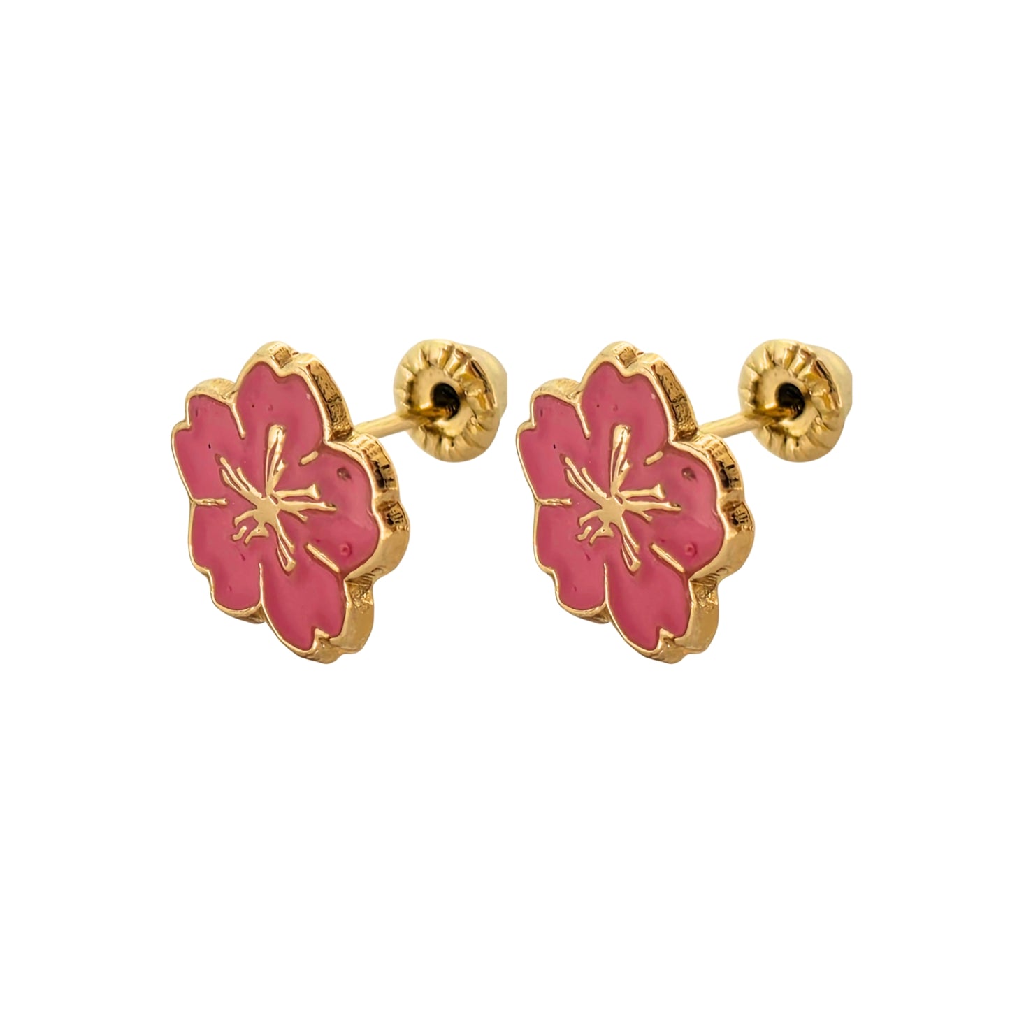 Aretes Oro 10K Broquel Flor Cerezo Esmaltada