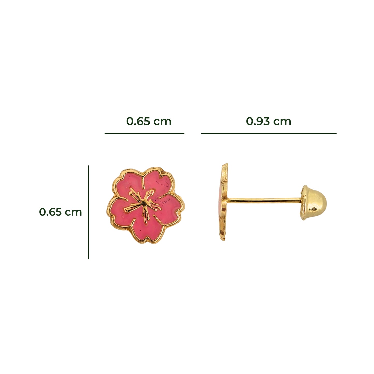 Aretes Oro 10K Broquel Flor Cerezo Esmaltada