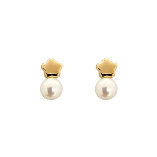 Aretes Flor Botón y Perla Oro 10K Tipo Broquel