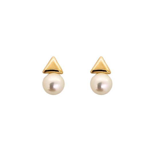 Aretes Triángulo Botón y Perla Oro 10K, Tipo Broquel