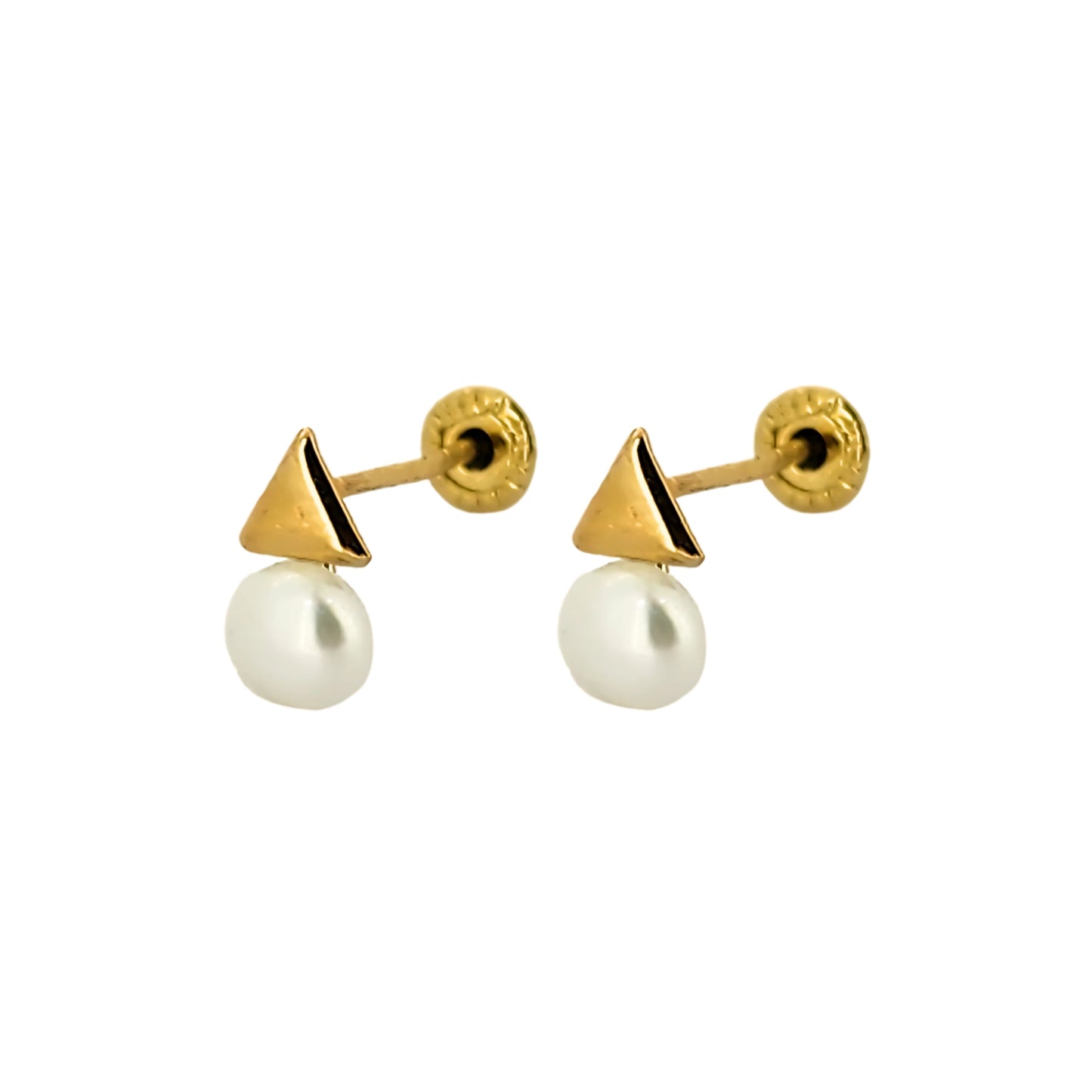 Aretes Triángulo Botón y Perla Oro 10K, Tipo Broquel