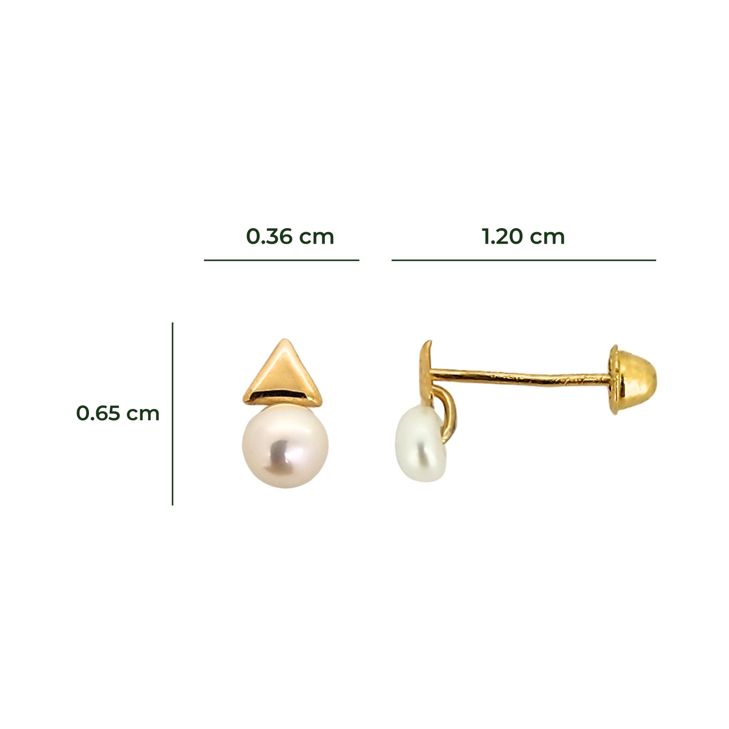 Aretes Triángulo Botón y Perla Oro 10K, Tipo Broquel