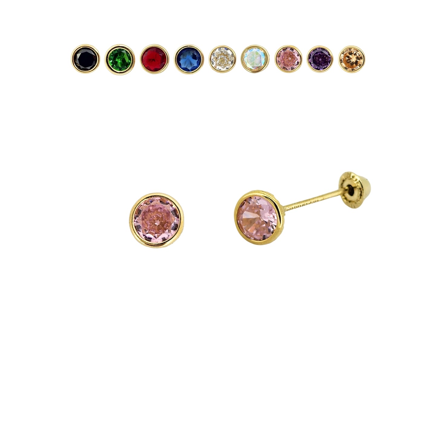 Aretes Oro 10K Broquel Zirconia Bisel 4 mm de Color a Elegir