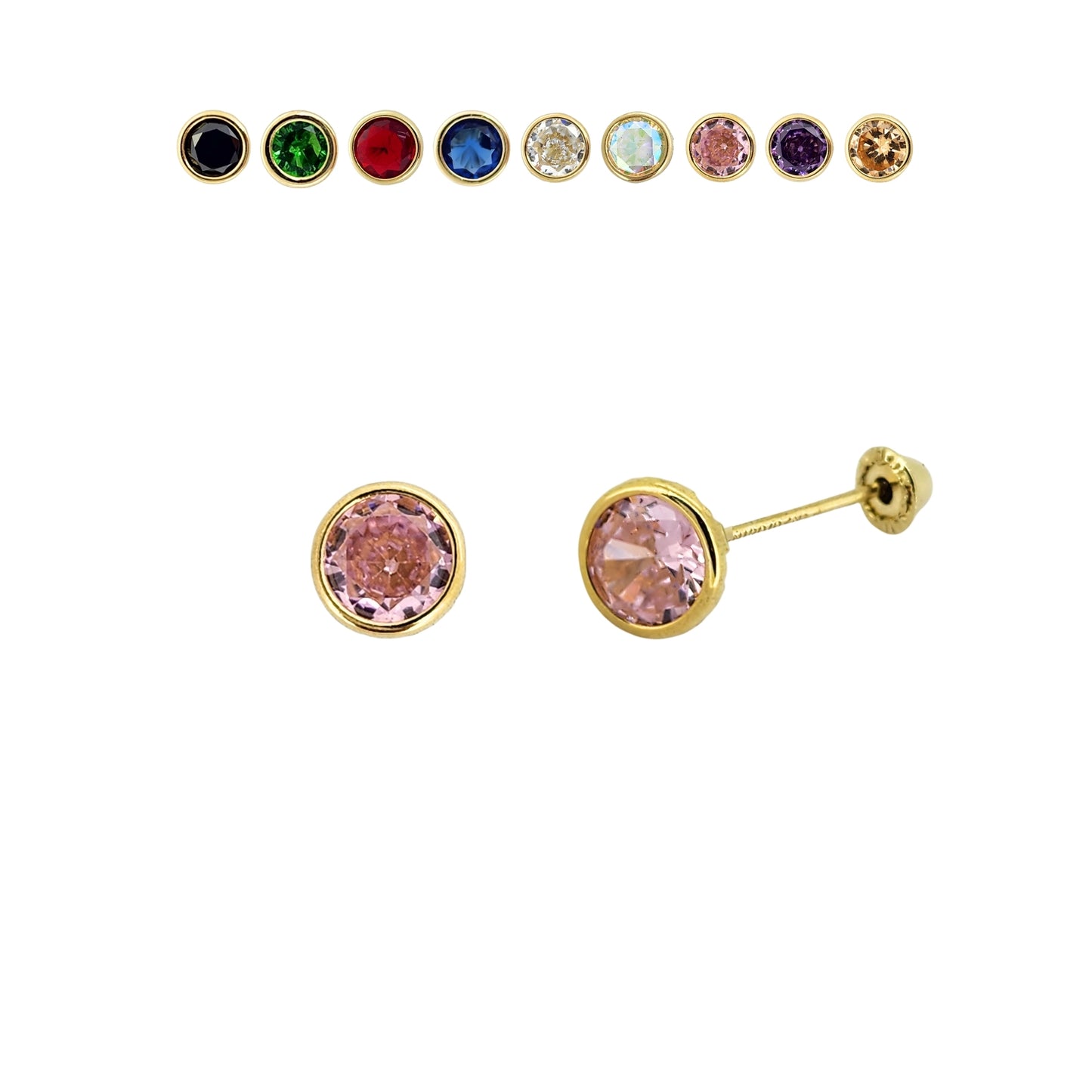 Aretes Oro 10K Broquel Zirconia Bisel 5 mm de Color a Elegir