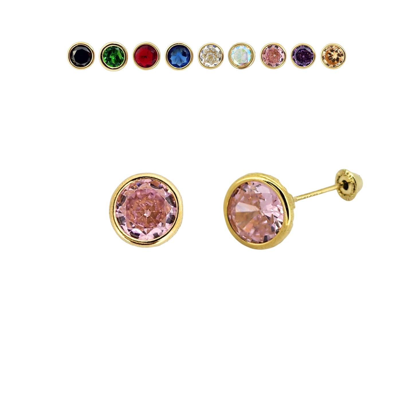 Aretes Oro 10K Broquel Zirconia Bisel 6 mm de Color a Elegir