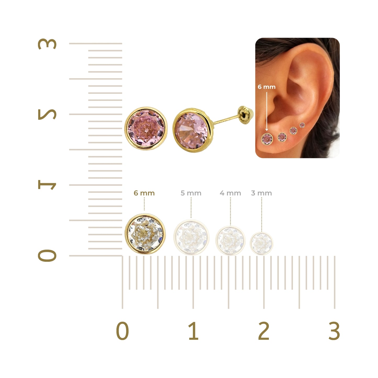Aretes Oro 10K Broquel Zirconia Bisel 6 mm de Color a Elegir