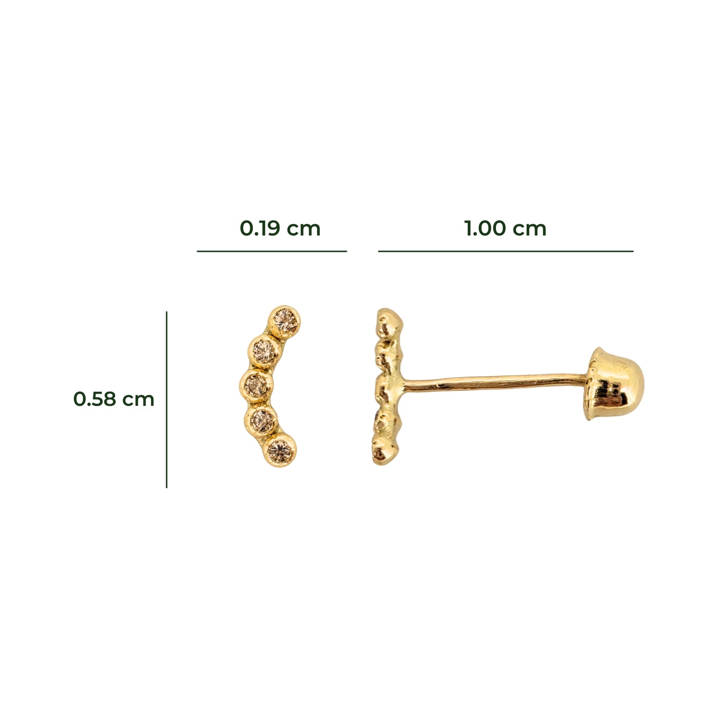 Aretes Oro 10K Broquel Mini Bisel 5 Piedras Curvo