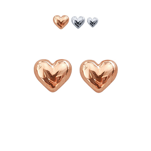 Arete Corazón Inflado Liso Rosa, Chico, Mediano o Grande, Oro 10K Tipo Broquel