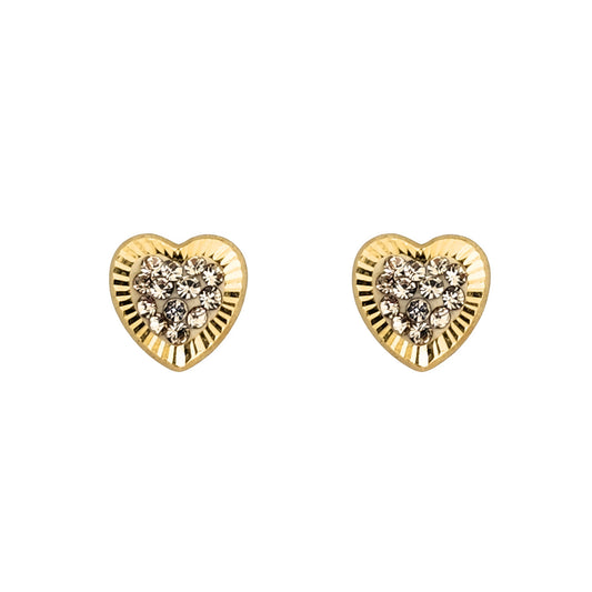 Aretes Corazón Diamantado con Zirconias, Oro 10K Tipo Broquel