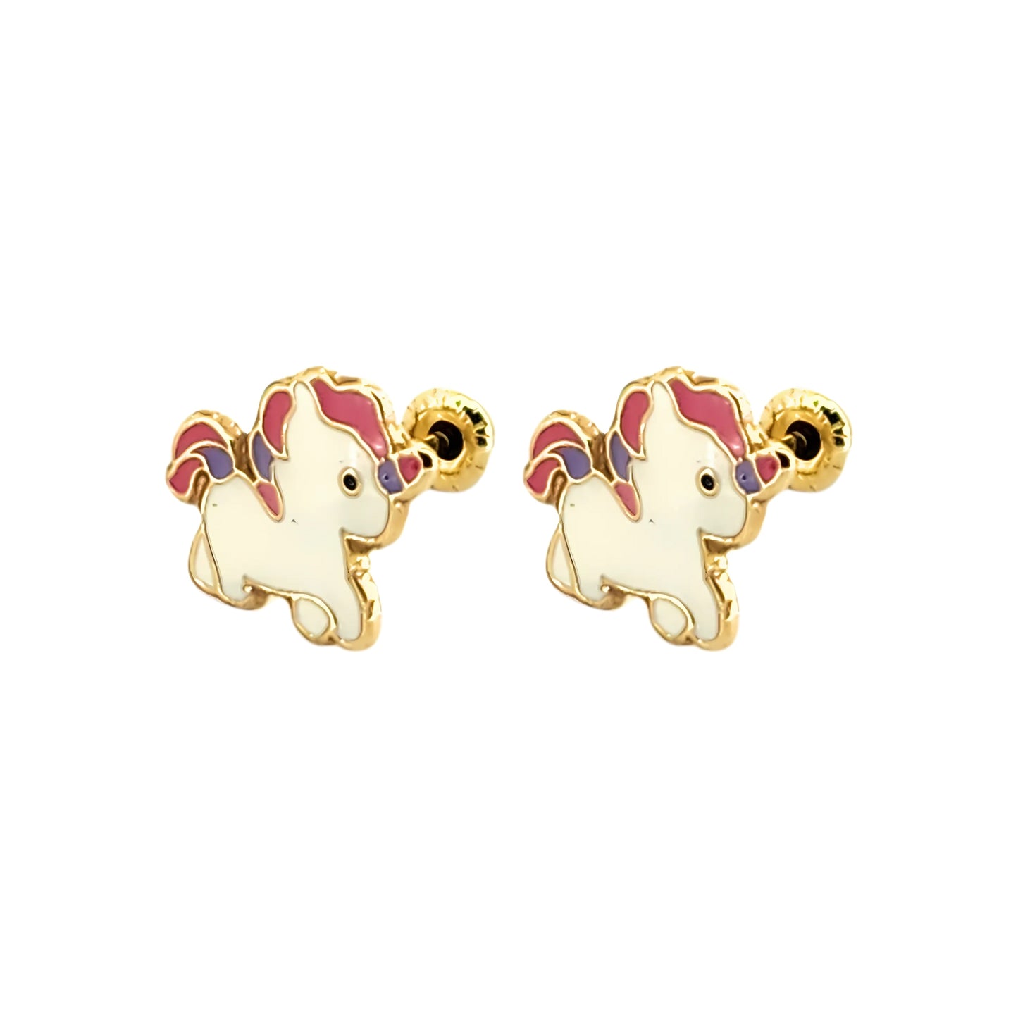 Aretes Unicornio Bebe Esmaltado, Oro 10K Tipo Broquel