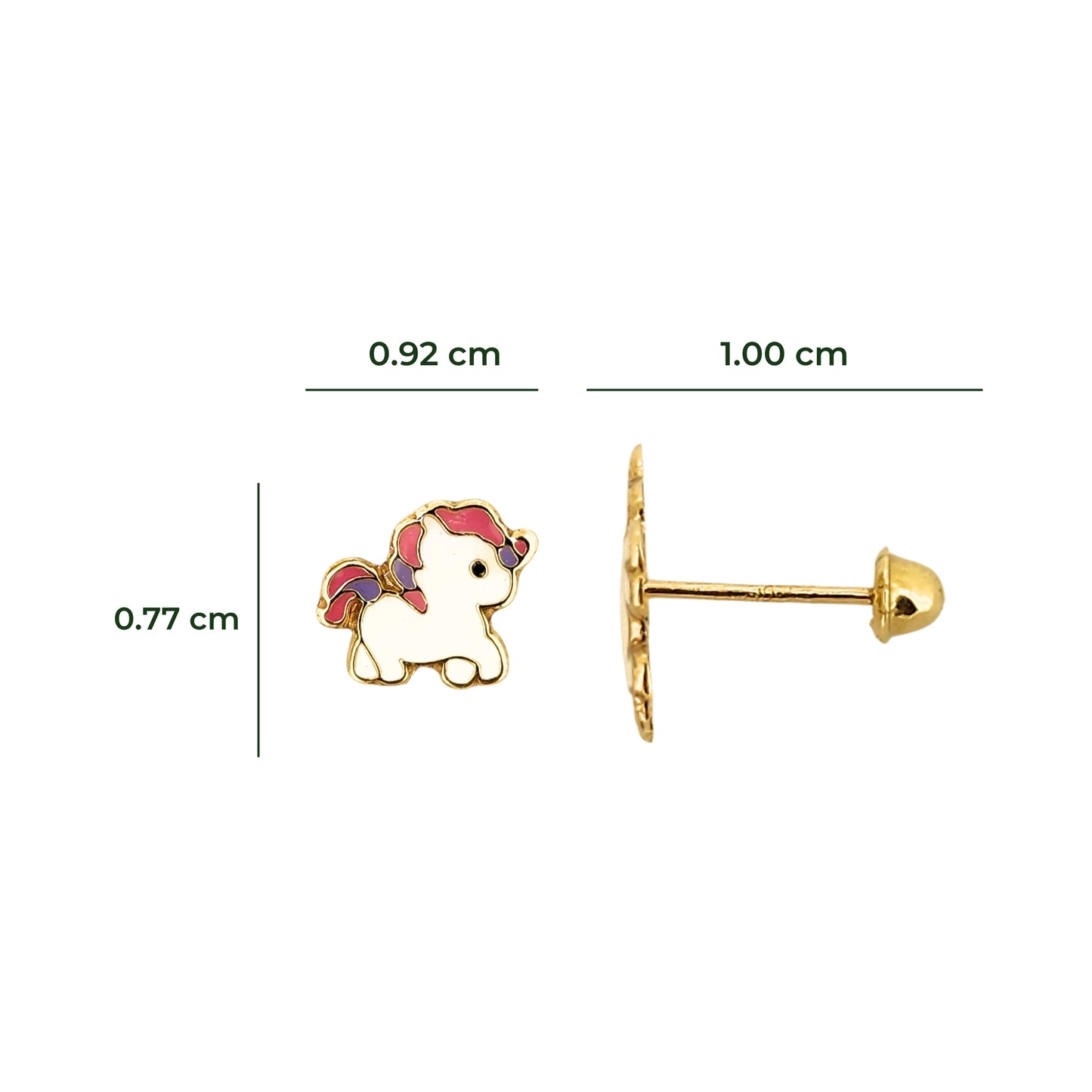 Aretes Unicornio Bebe Esmaltado, Oro 10K Tipo Broquel