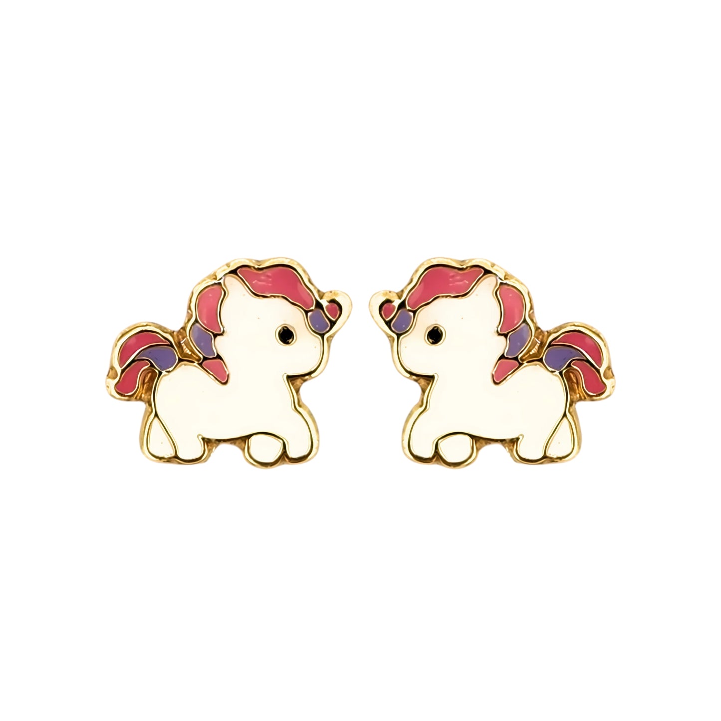 Aretes Unicornio Bebe Esmaltado, Oro 10K Tipo Broquel