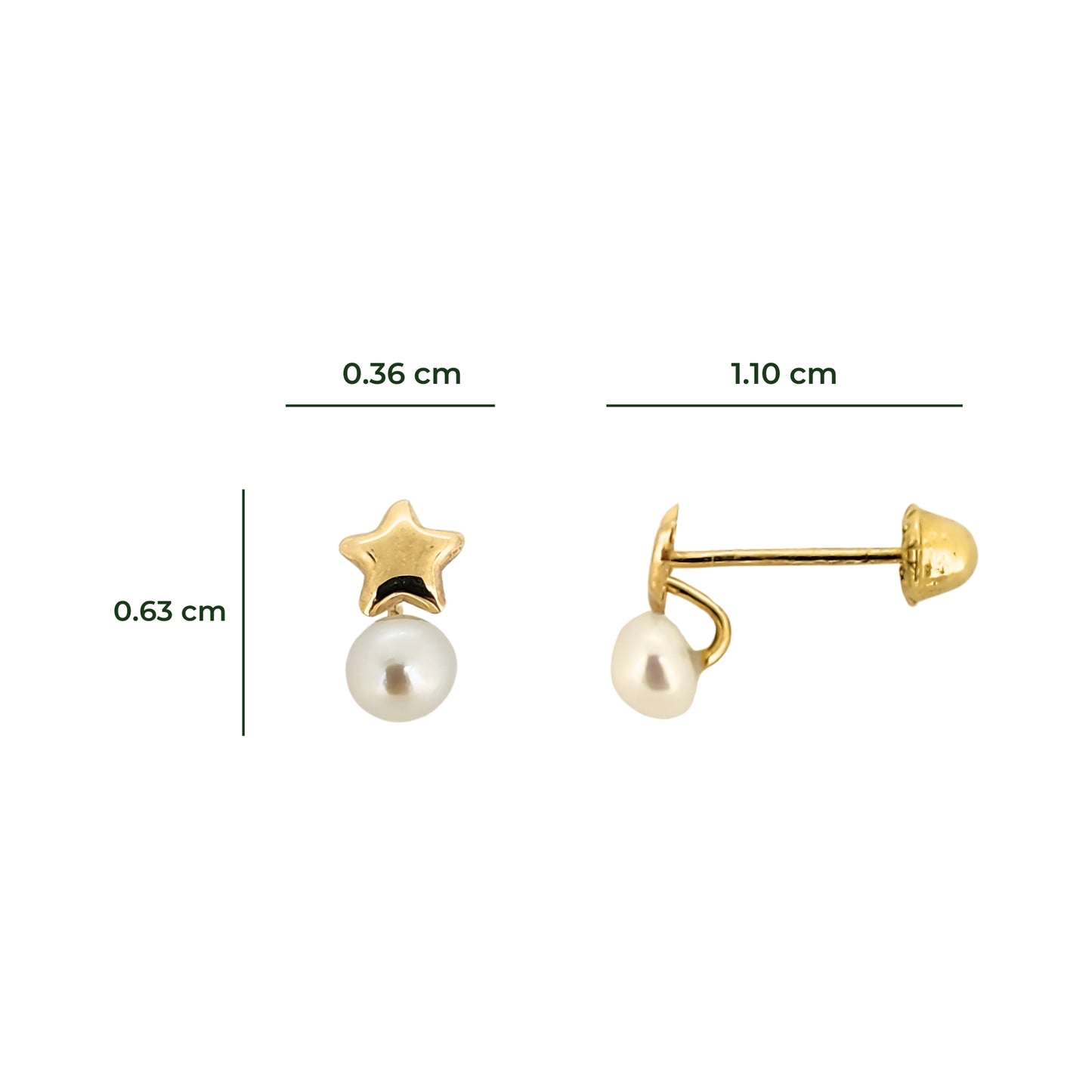 Aretes Estrella Lisa y Perla Oro 10k, Tipo Broquel