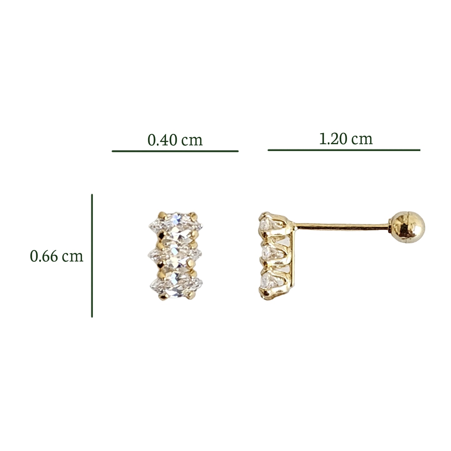 Aretes Tresillo Marquise #2x4 Zirconia, Oro 10K Tipo Broquel