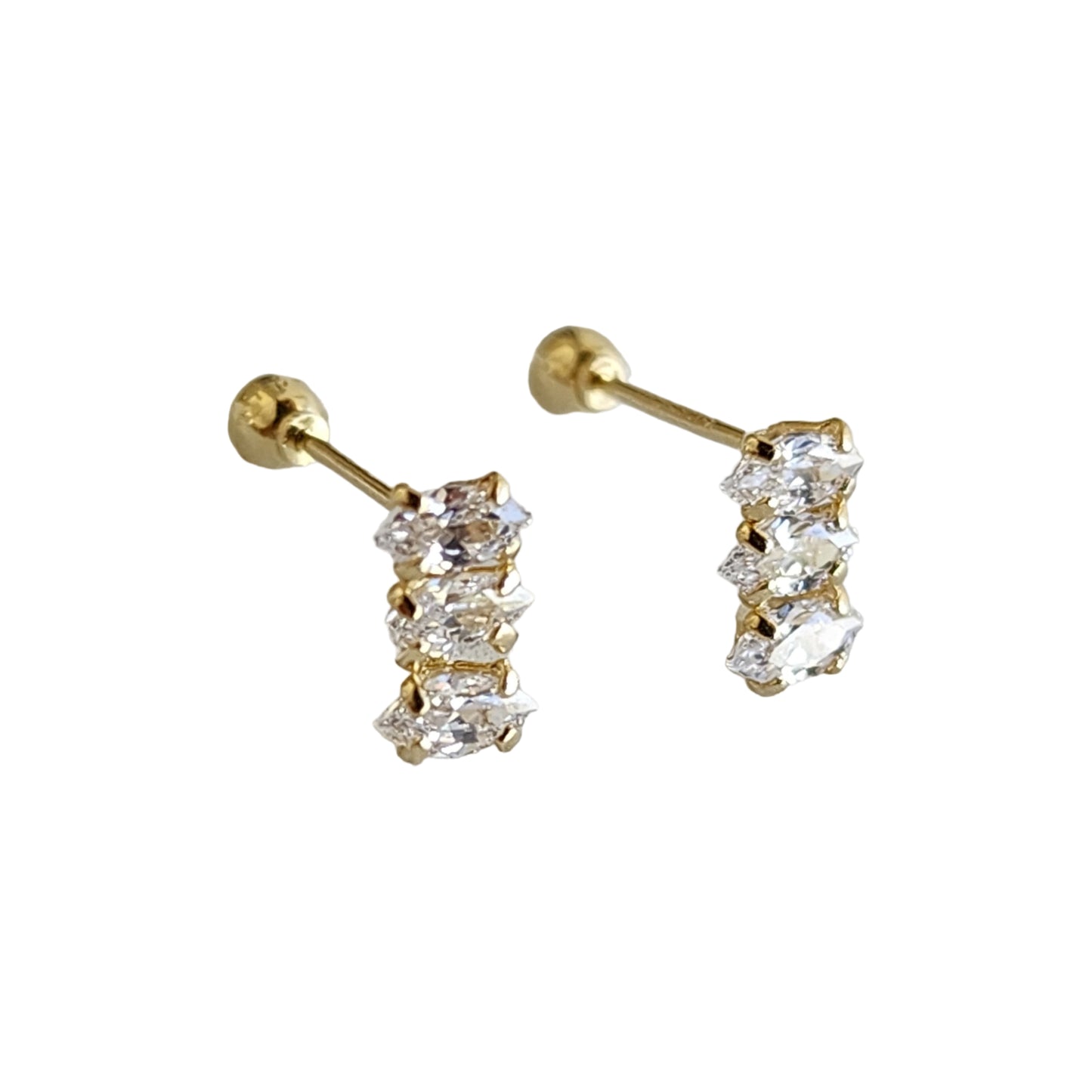 Aretes Tresillo Marquise #2x4 Zirconia, Oro 10K Tipo Broquel