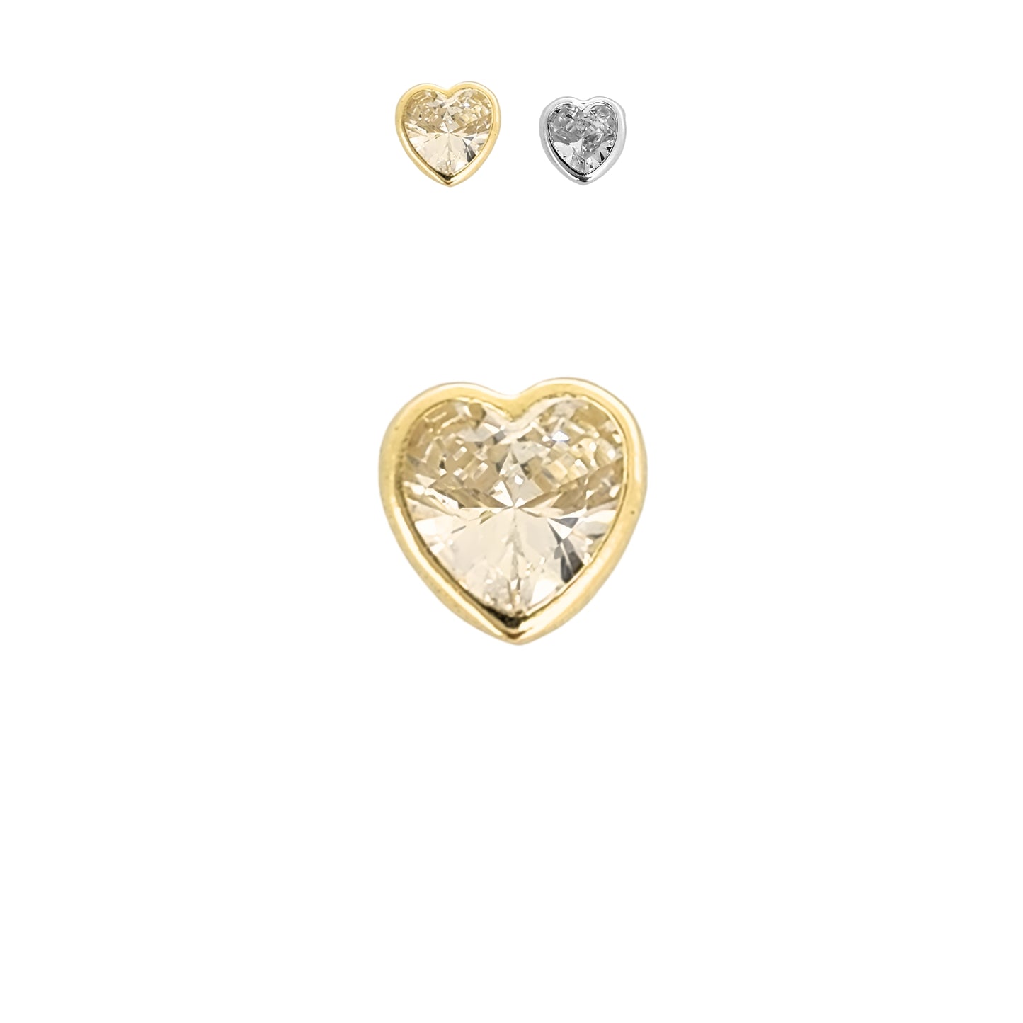 Aretes Oro 10K Broquel Corazón Zirconia Blanco 6 mm o 5 mm a elegir