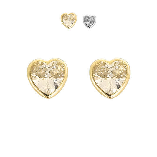 Aretes Oro 10K Broquel Corazón Zirconia Blanco 6 mm o 5 mm a elegir
