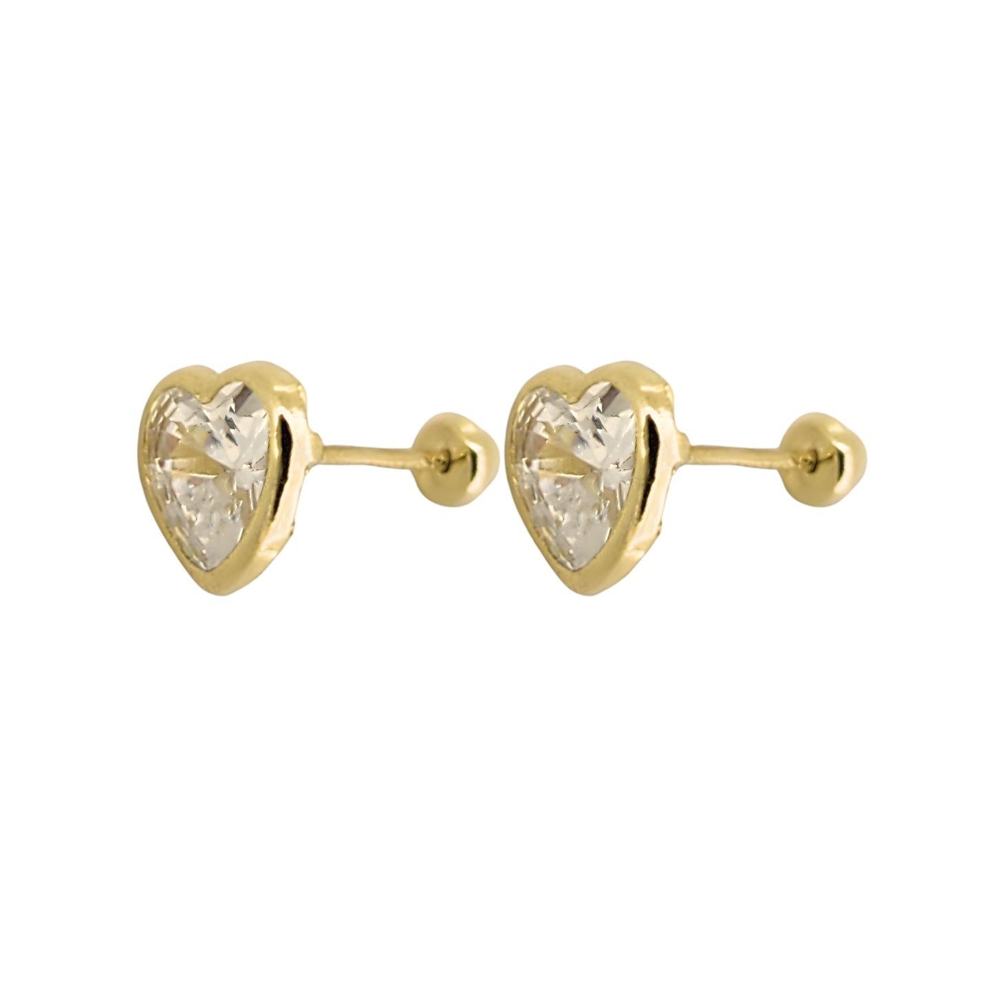 Aretes Oro 10K Broquel Corazón Zirconia Blanco 6 mm o 5 mm a elegir
