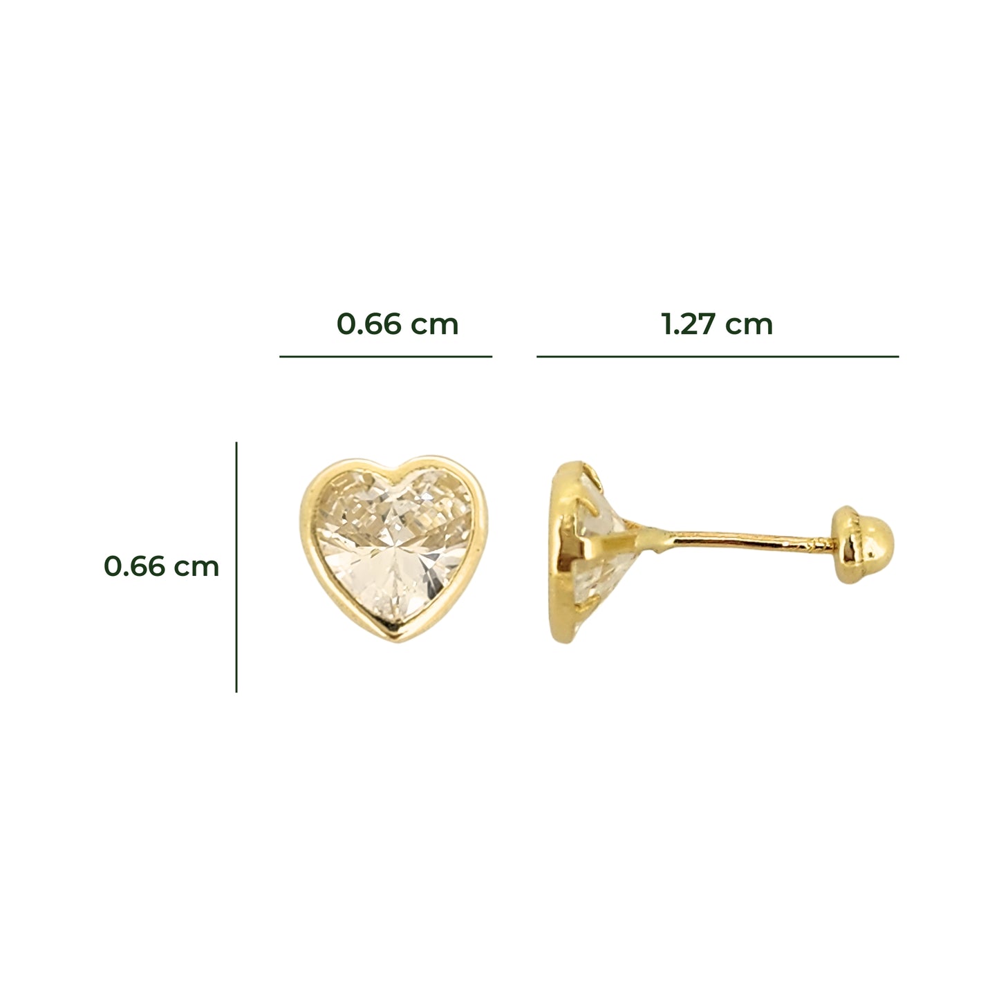 Aretes Oro 10K Broquel Corazón Zirconia Blanco 6 mm o 5 mm a elegir