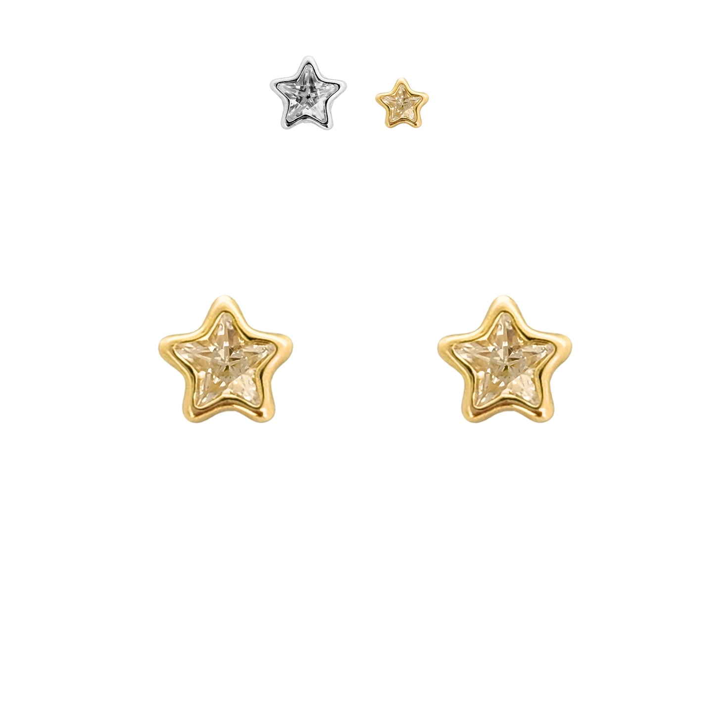 Aretes Oro 10K Broquel Estrella Zirconia 4 o 6 mm a elegir