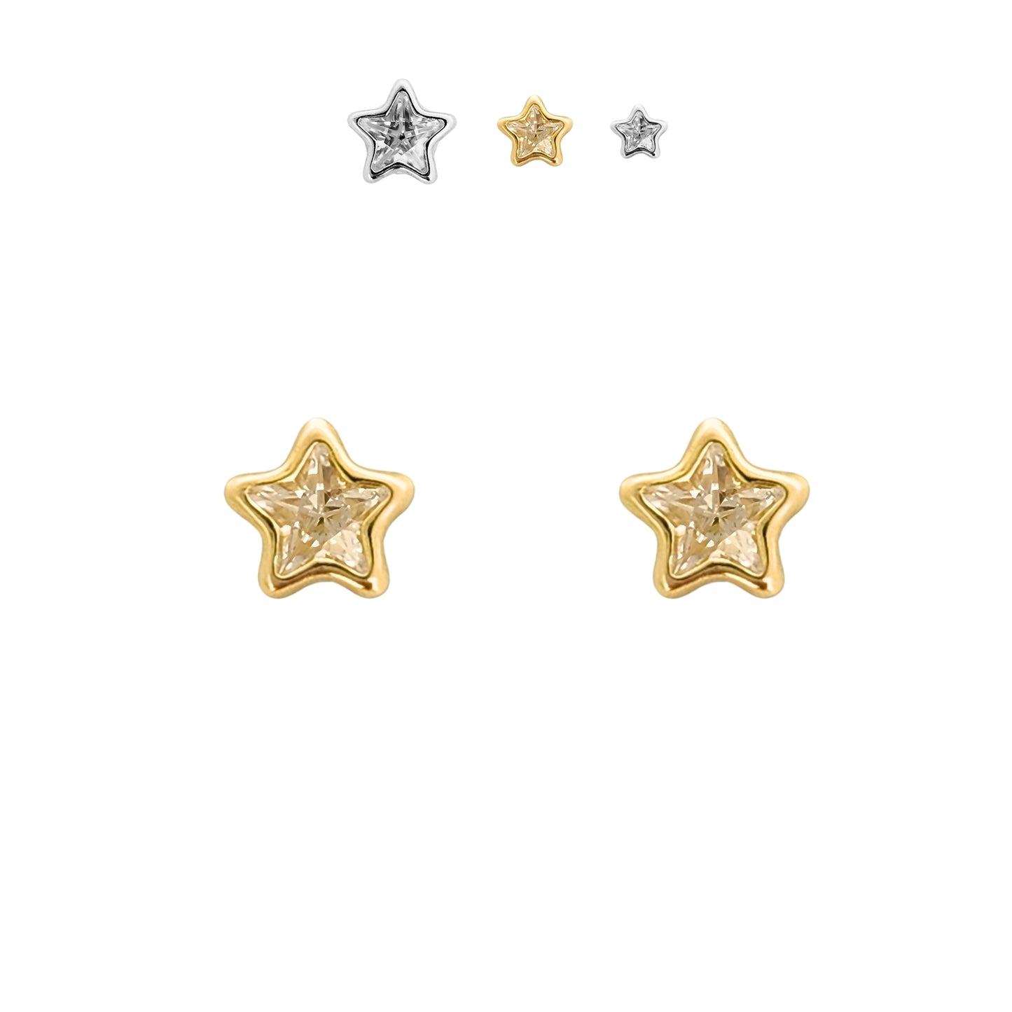 Aretes Oro 10K Broquel Estrella Zirconia 3, 4 o 6 mm a elegir
