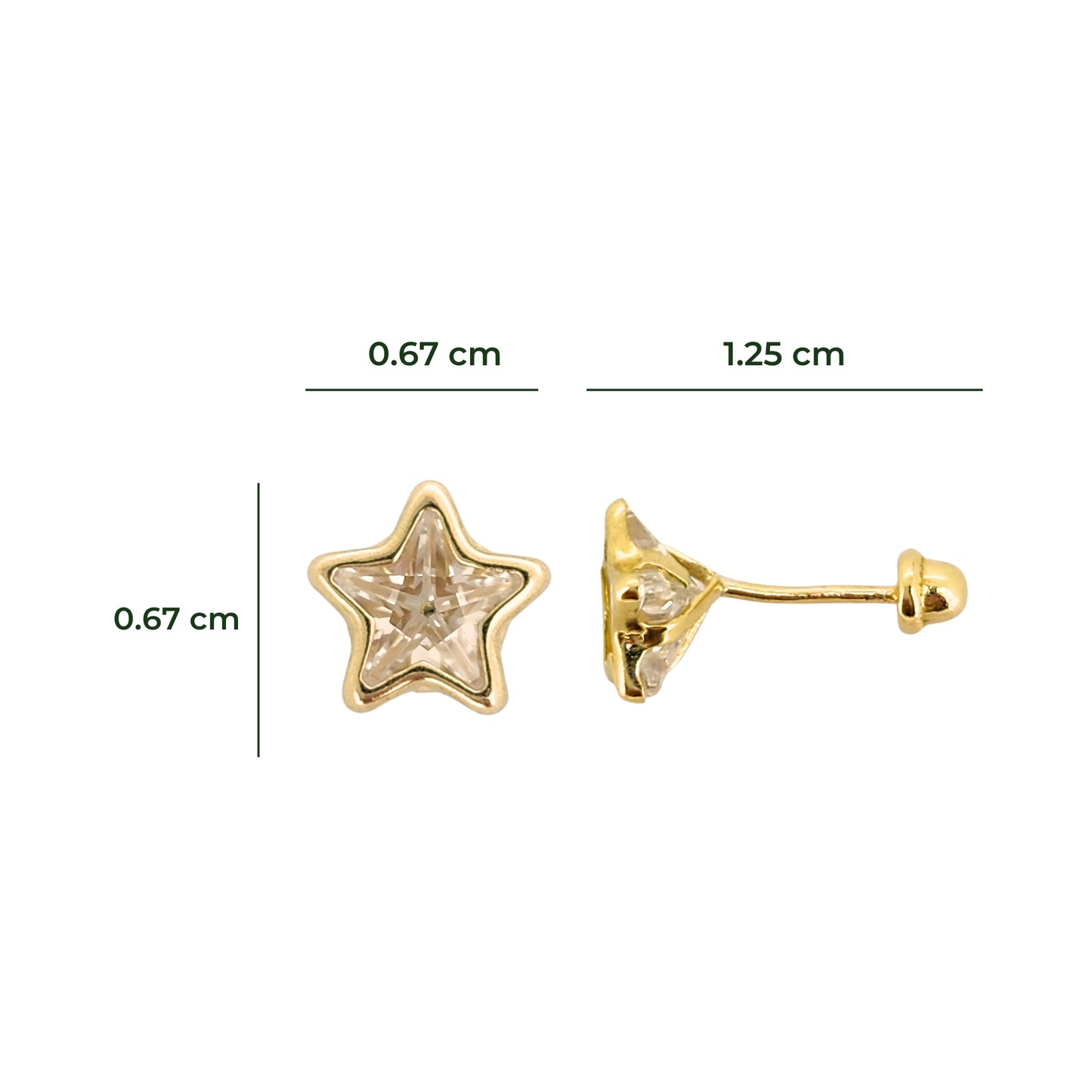 Aretes Oro 10K Broquel Estrella Zirconia 4 o 6 mm a elegir