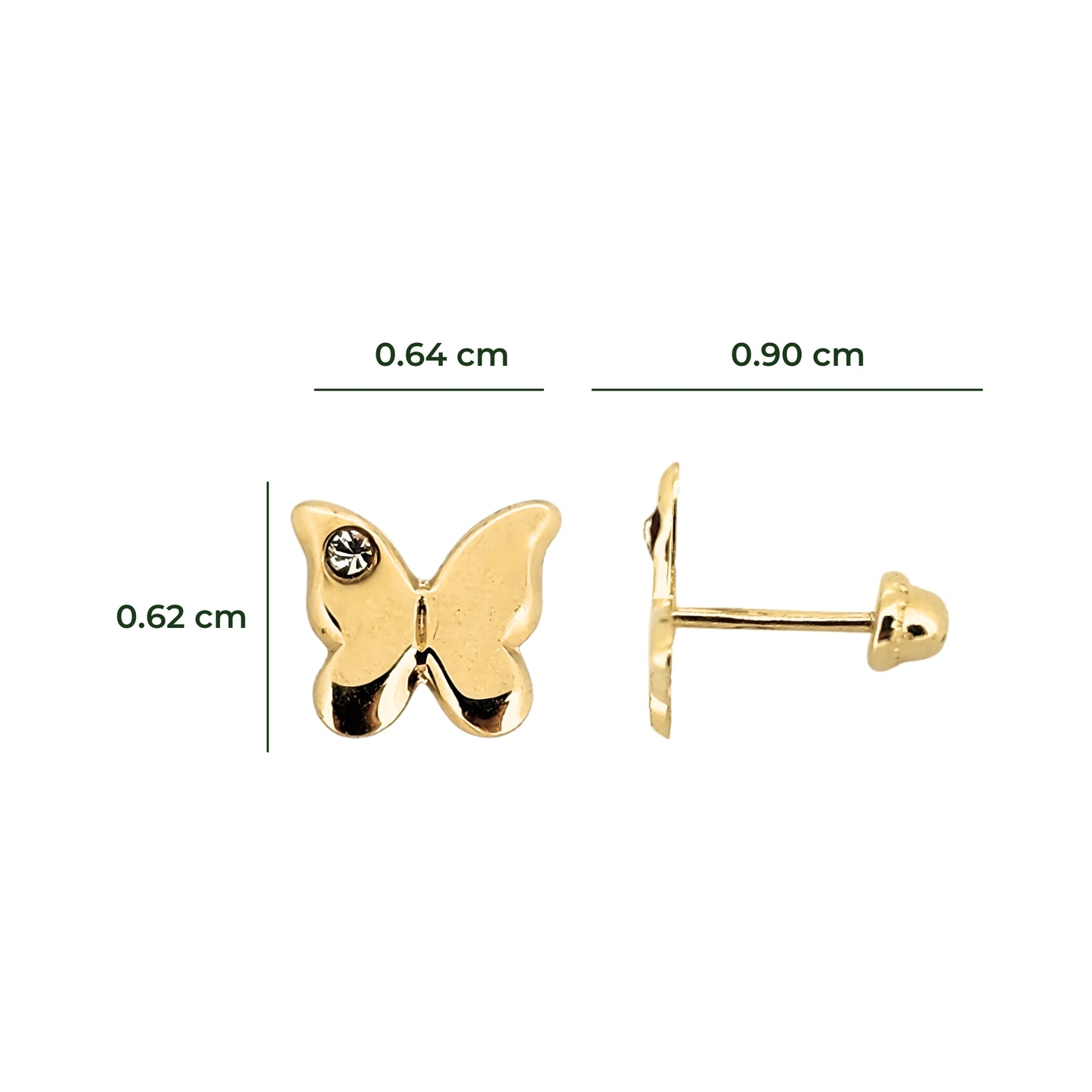 Aretes Mariposa con Zirconia Oro 10k, Tipo Broquel