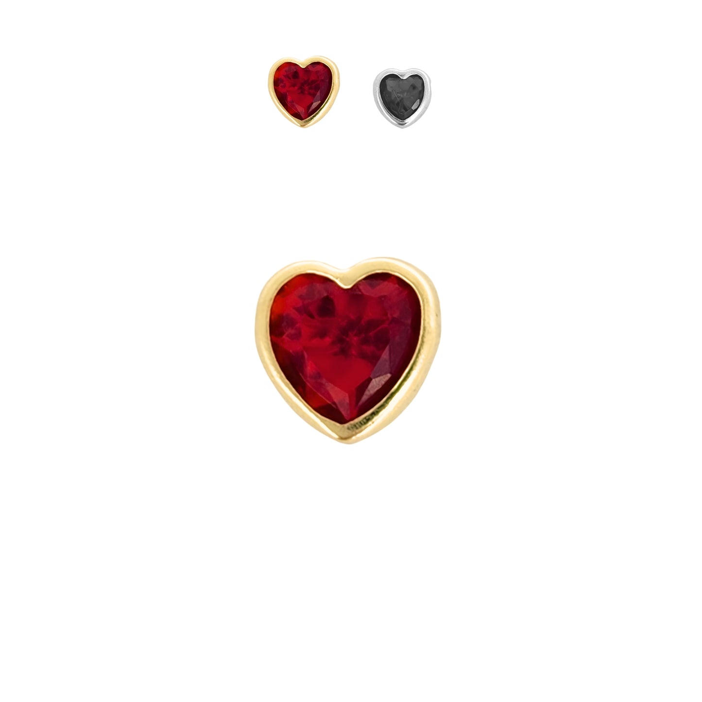 Aretes Oro 10K Broquel Corazón Zirconia Rojo 6 mm o 5 mm a elegir