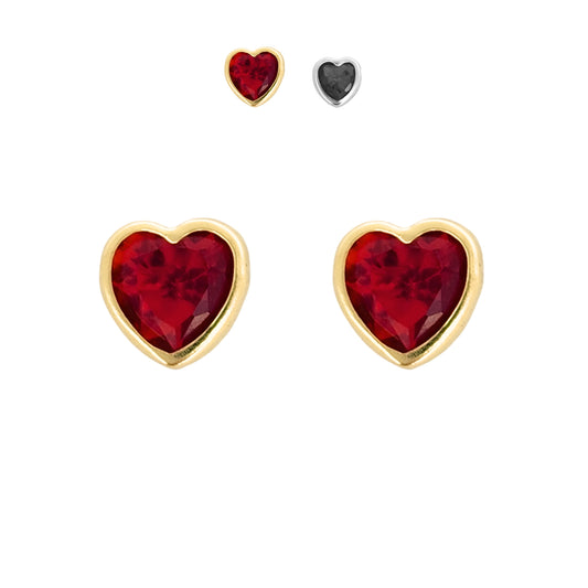 Aretes Oro 10K Broquel Corazón Zirconia Rojo 6 mm o 5 mm a elegir