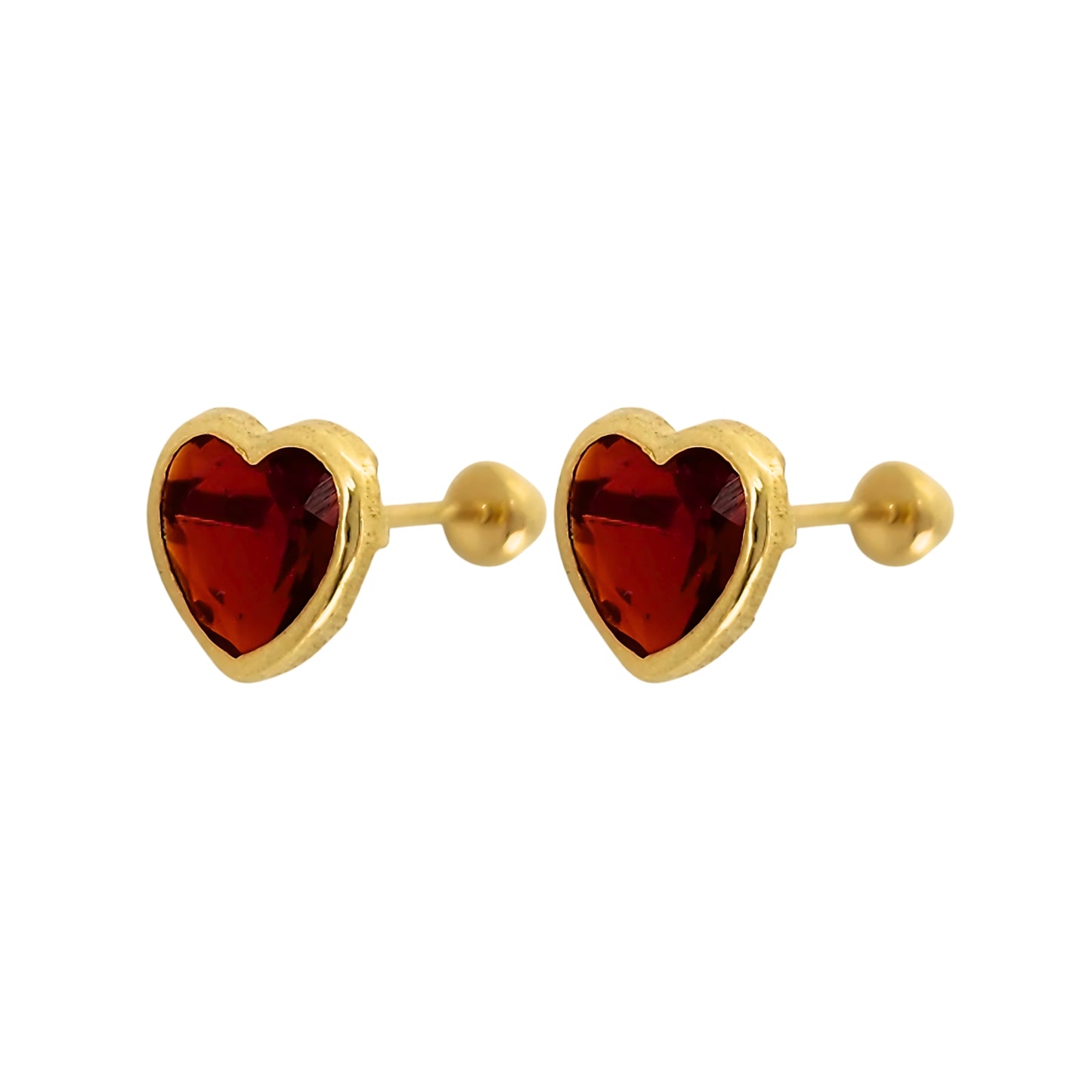 Aretes Oro 10K Broquel Corazón Zirconia Rojo 6 mm o 5 mm a elegir